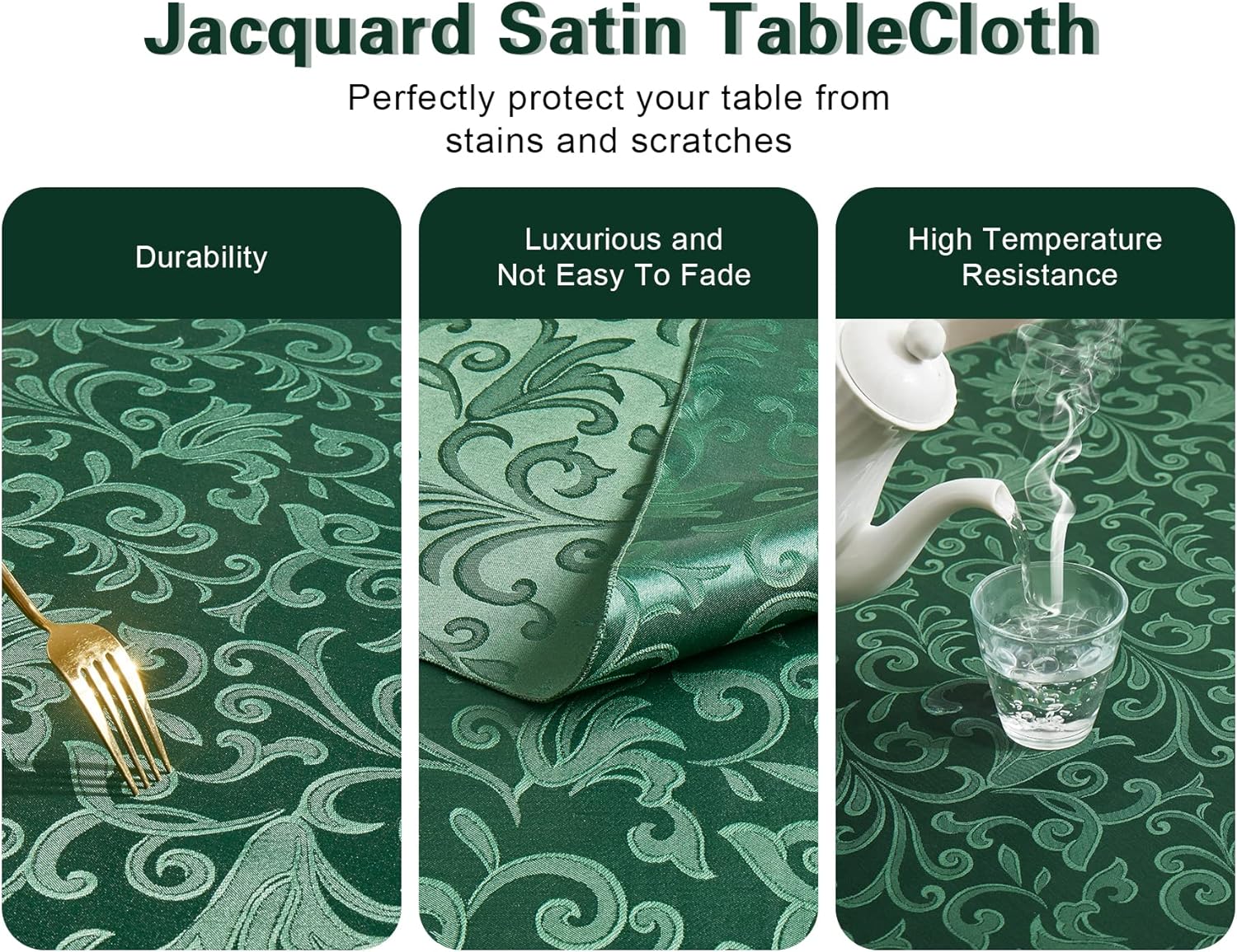HommxJF Mantel rectangular de damasco de desplazamiento verde jacquard, 60 x 120 pulgadas, mantel lavable para mesa de comedor, fiestas de bufé y