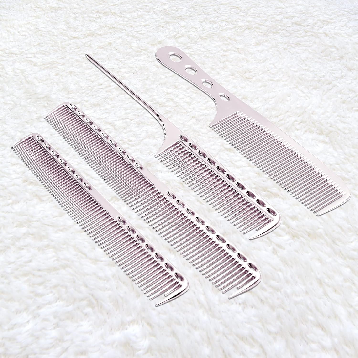 Peine de aluminio profesional, 4 tipos de peines de pelo de metal para peinar el cabello, incluido peine de corte de pelo largo, peine de peinado