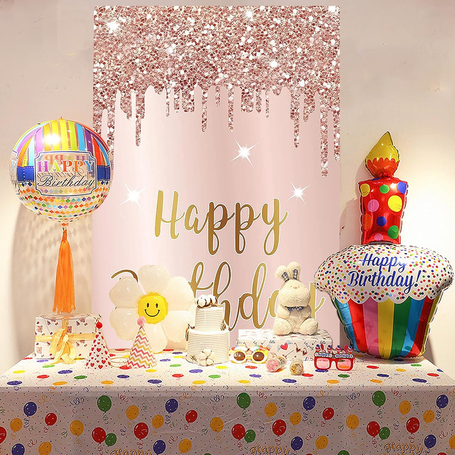 Cartel decorativo de puerta de cumpleaños para mujer, cartel de puerta de telón de fondo, letrero de feliz cumpleaños de oro rosa, suministros de