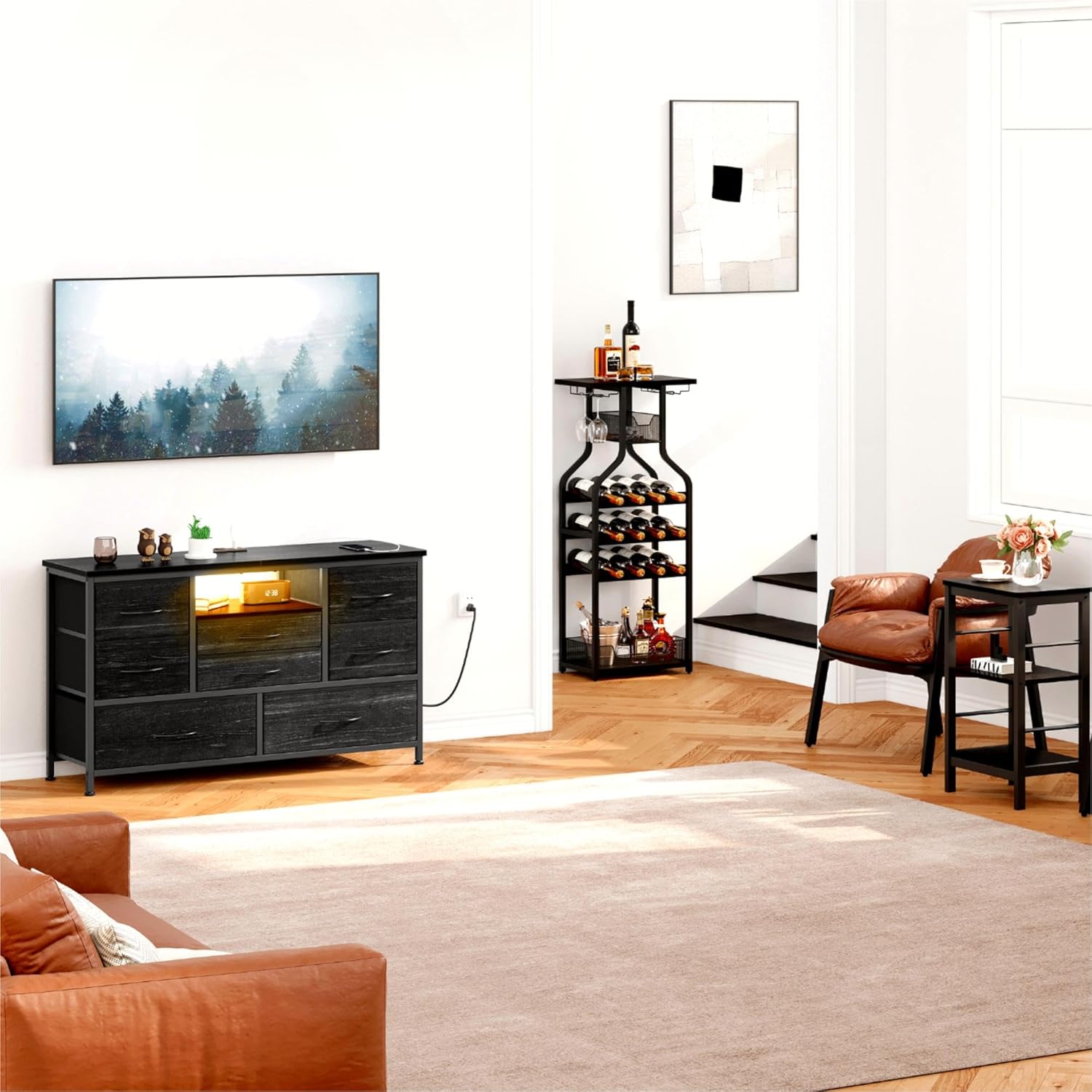 Soporte de TV de 8 aparadores con toma de corriente y LED para TV de 55 pulgadas, cómoda larga para dormitorio con 8 cajones profundos, mesa consola