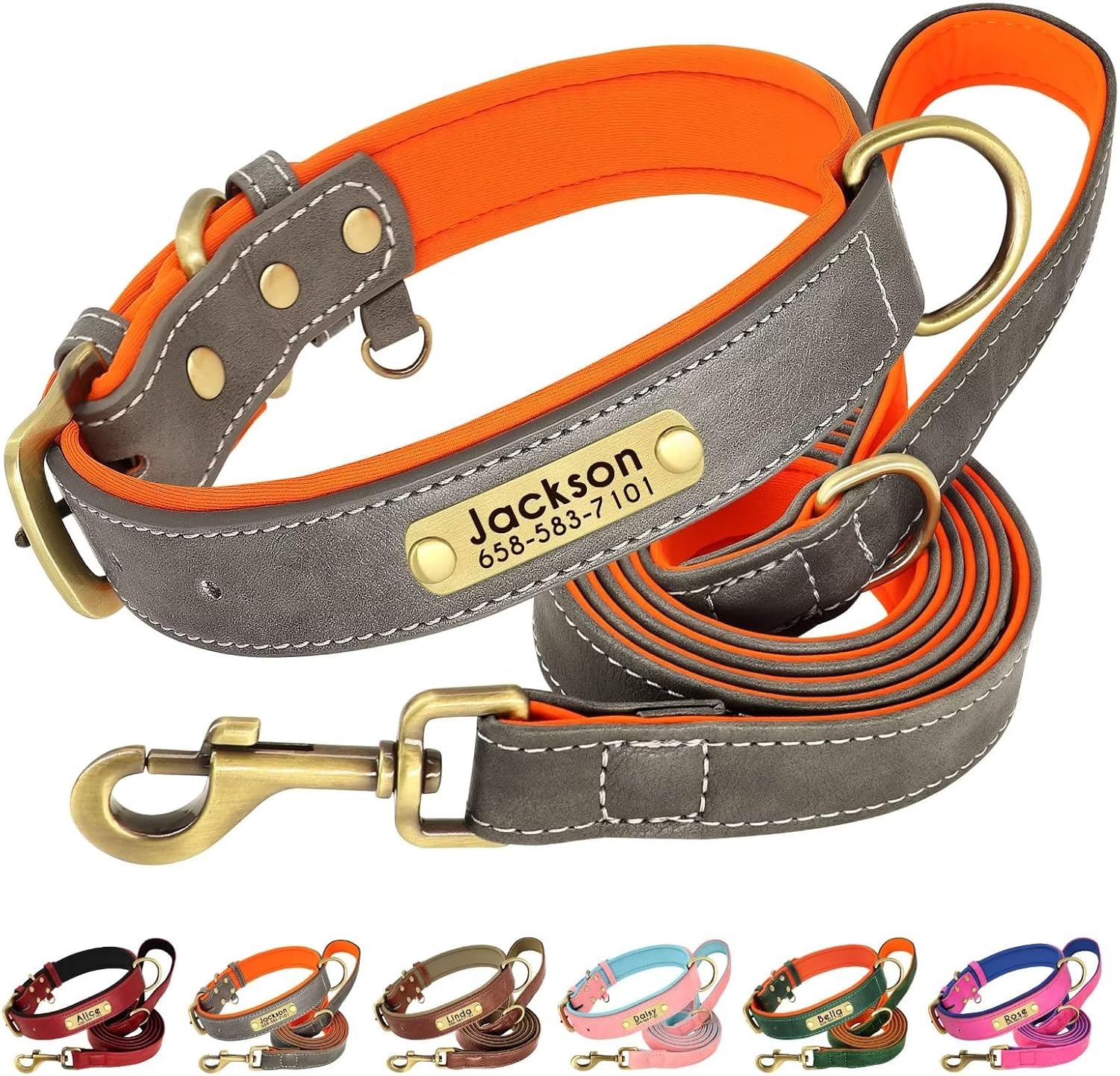 Beirui Collar de perro de cuero genuino personalizado y juego de correa, collar de perro de cuero acolchado suave con herrajes de metal duraderos