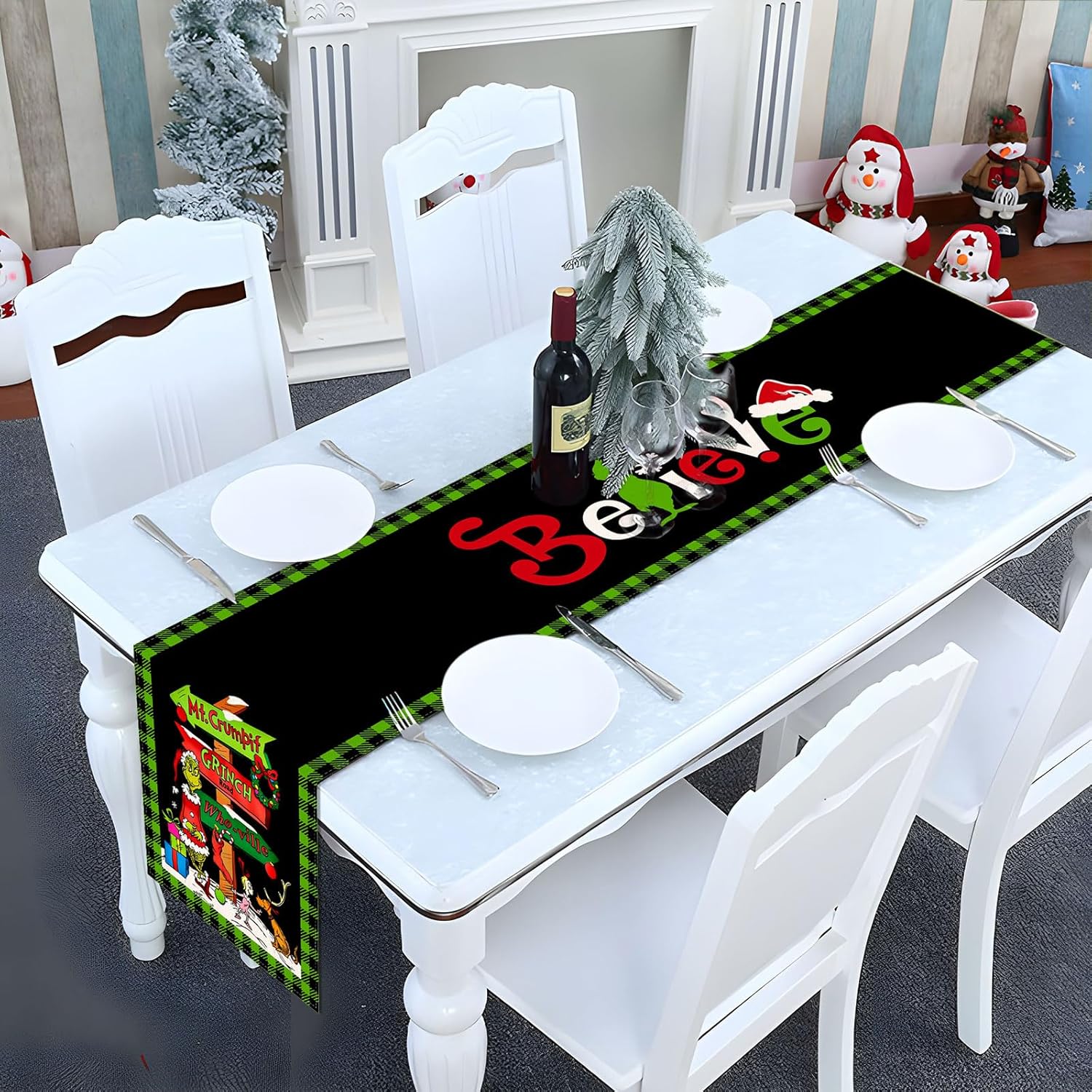 Camino de mesa Grinchmas Feliz Navidad, vacaciones de invierno, fiesta temática, cocina, comedor, decoración del hogar (negro y verde, 13 x 108