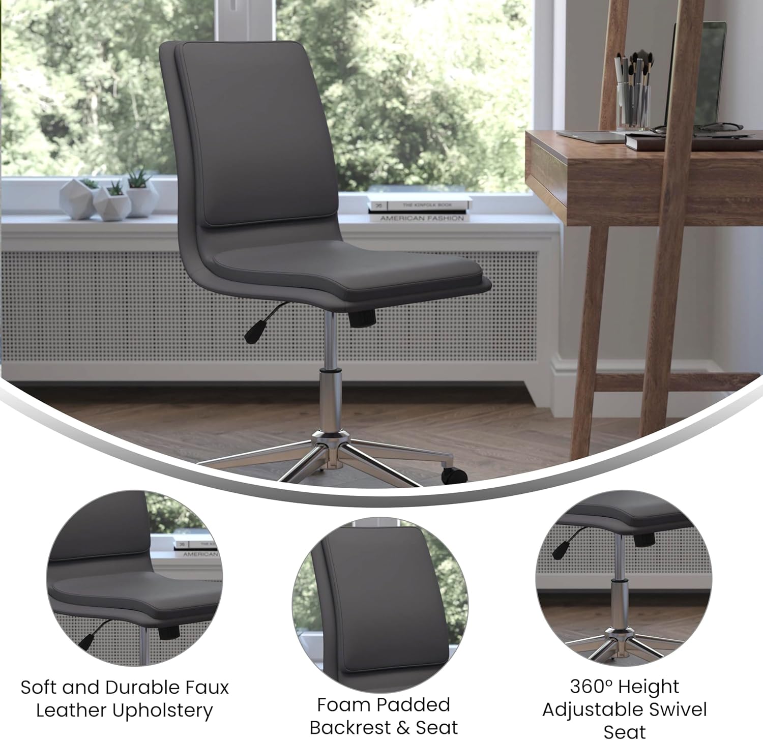 Flash Furniture Madigan – Silla de oficina Task  Lujosa tapicería gris LeatherSoft  Acolchado medio respaldo y asiento  Base cromada ajustable en