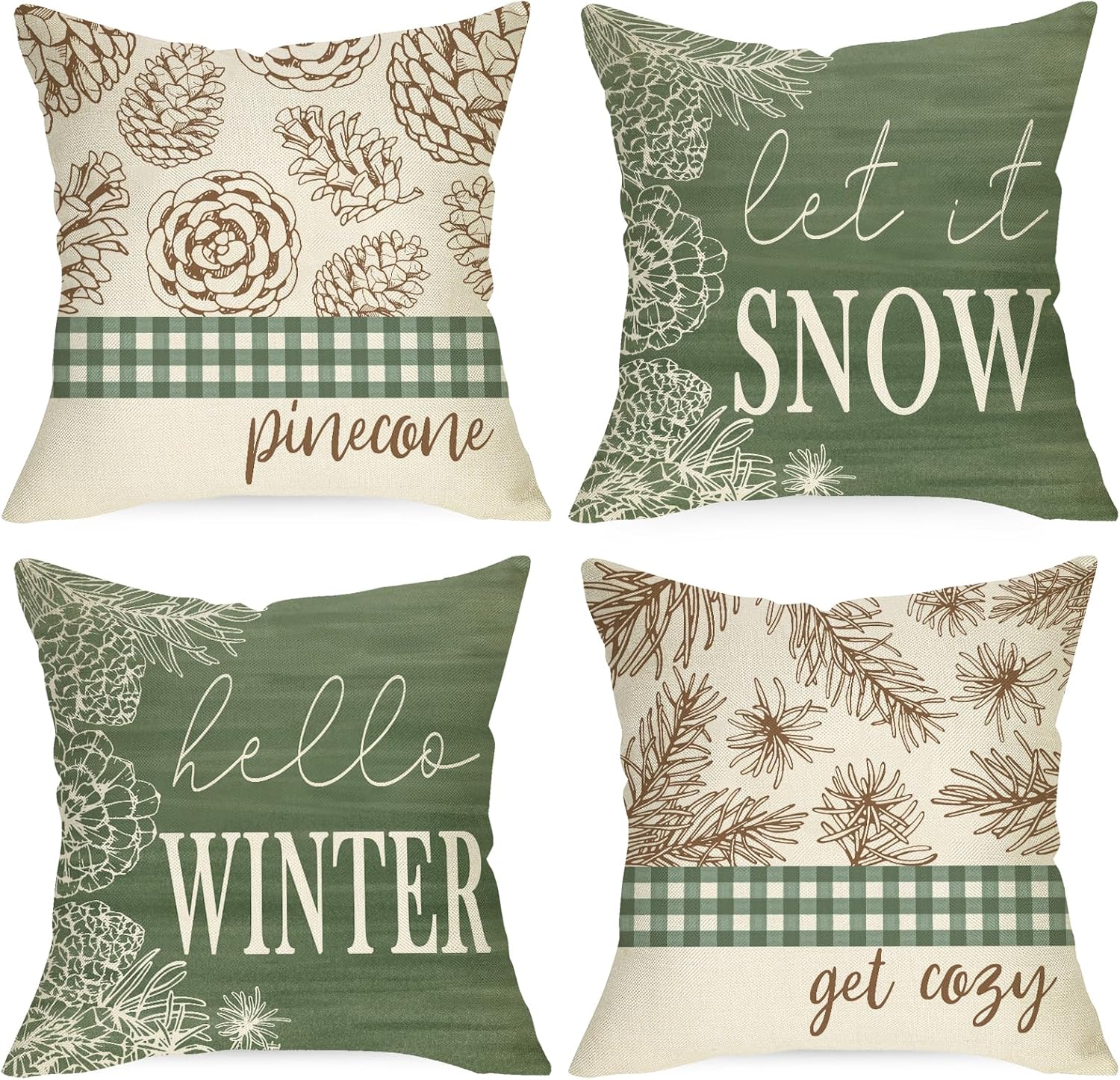 Hello Winter – Juego de 4 fundas de cojín decorativas de cono de pino de 20 x 20 pulgadas, Let It Snow con hojas de pino verde, búfalo a cuadros,