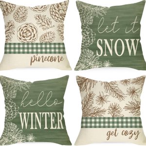 Hello Winter – Juego de 4 fundas de cojín decorativas de cono de pino de 20 x 20 pulgadas, Let It Snow con hojas de pino verde, búfalo a cuadros, Hello Winter – Juego de 4 fundas de cojín decorativas de cono de pino de 20 x 20 pulgadas, Let It Snow con hojas de pino verde, búfalo a cuadros,