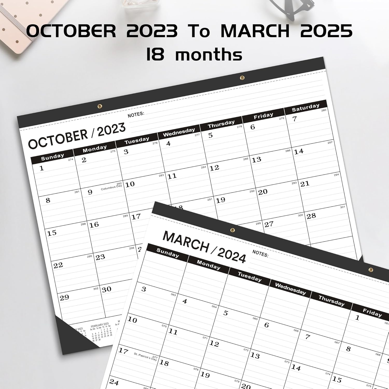 Calendario de escritorio grande de 22 x 17 pulgadas 2023-2024  Calendario mensual profesional de pared OCT.2023  MAR.2025, negro clásico