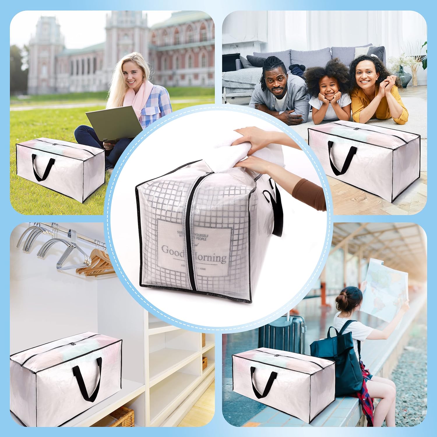 Paquete de 12 bolsas de mudanza grandes y fuertes con cremalleras y asas de transporte, resistente al agua, bolsa de almacenamiento resistente para