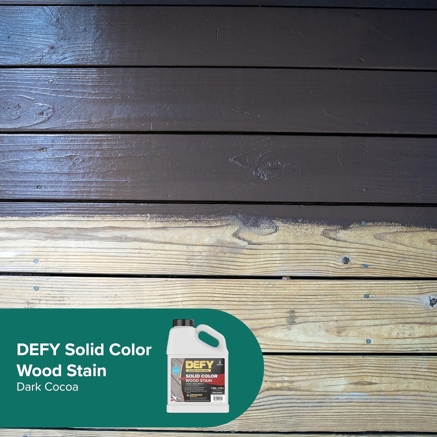 DEFY Tinte para madera de color sólido, cacao oscuro, 1 galón, pintura de cubierta de larga duración para madera y manchas de cercas, pintura de