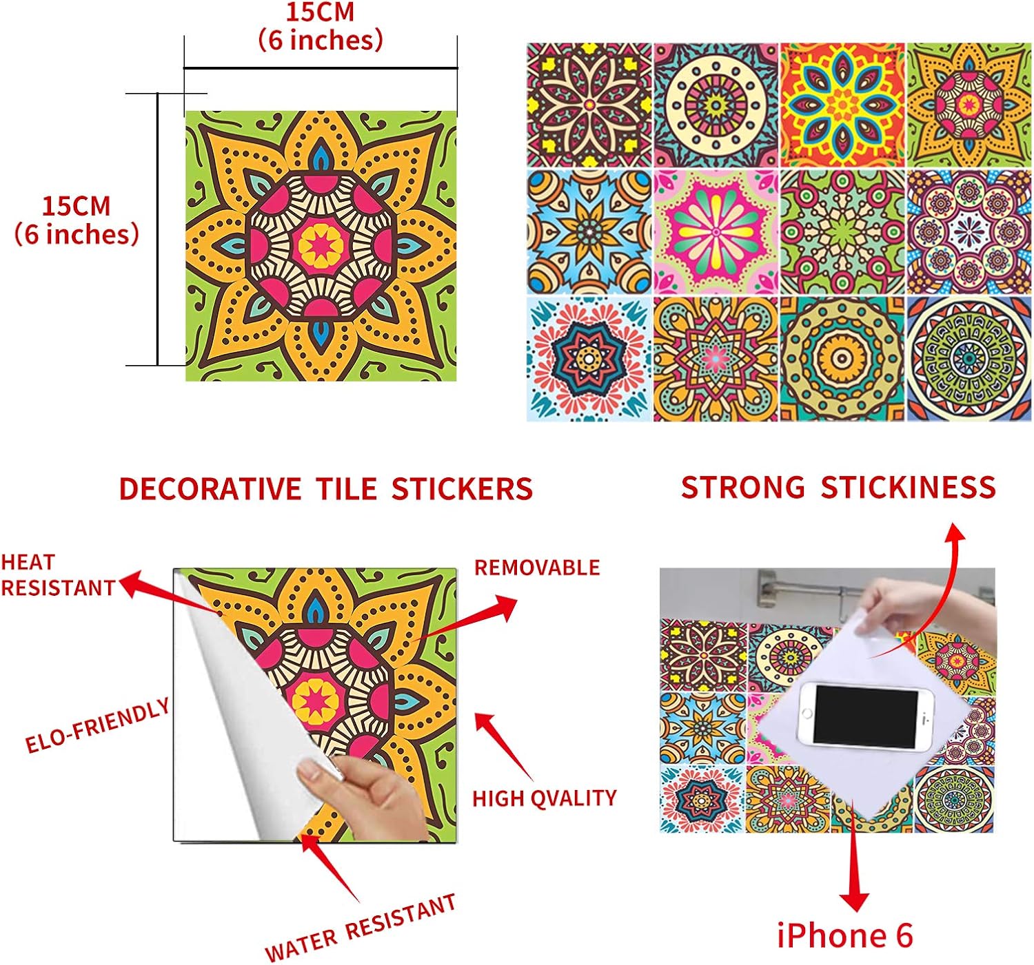 Adhesivos para azulejos de despegar y pegar, 12 unidades (6 x 6 pulgadas), calcomanías impermeables para salpicaduras para cocina y pegar en azulejos