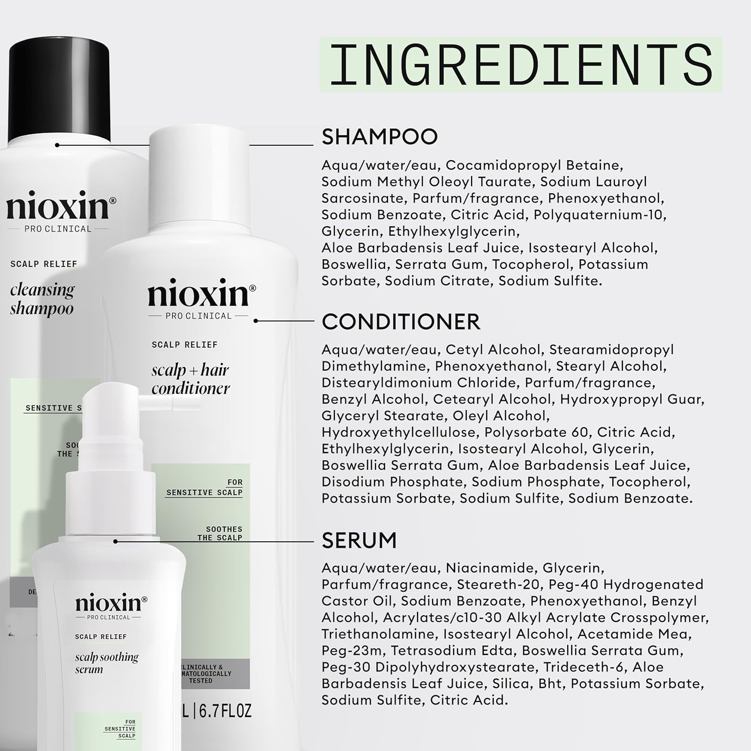 Nioxin Sistema de alivio del cuero cabelludo  Para cuero cabelludo sensible, seco y con picazón  Limpia, calma y engrosa el cabello  Sin parabenos