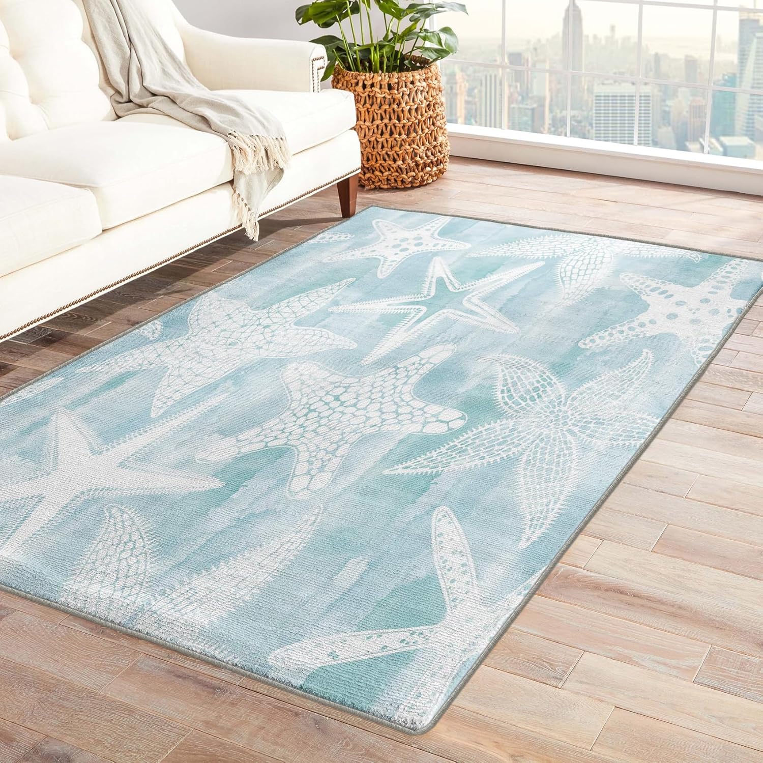 ZDABAOEC Alfombra de estrella de mar, alfombra de 6 x 6 pies, alfombra de área costera del océano para dormitorio, sala de estar, alfombra cuadrada