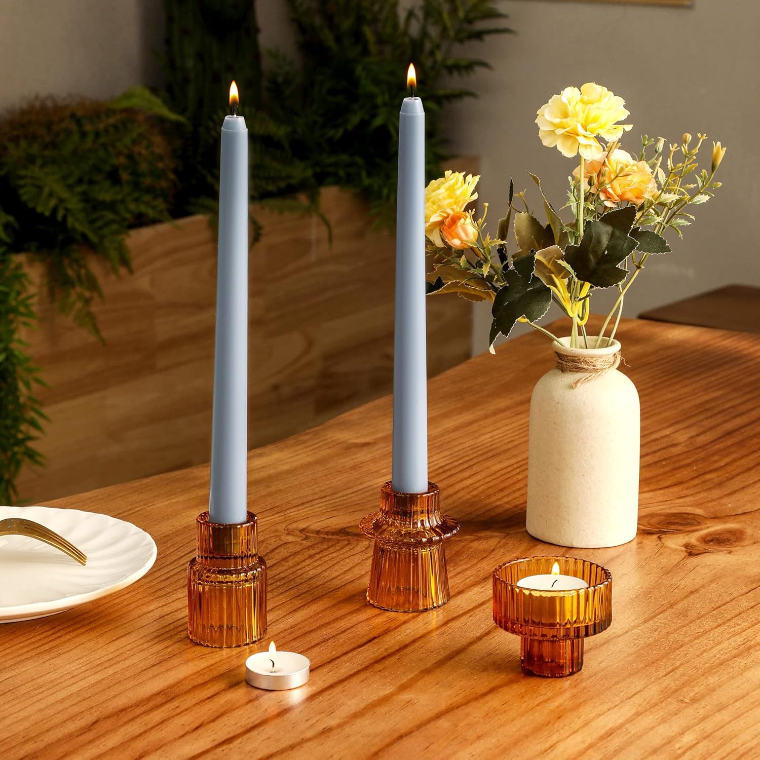 Lysenn Portavelas de vidrio ámbar para velas de pilar, velas cónicas, velas de candelita  Portavelas multiusos premium  Se adapta a velas de 78