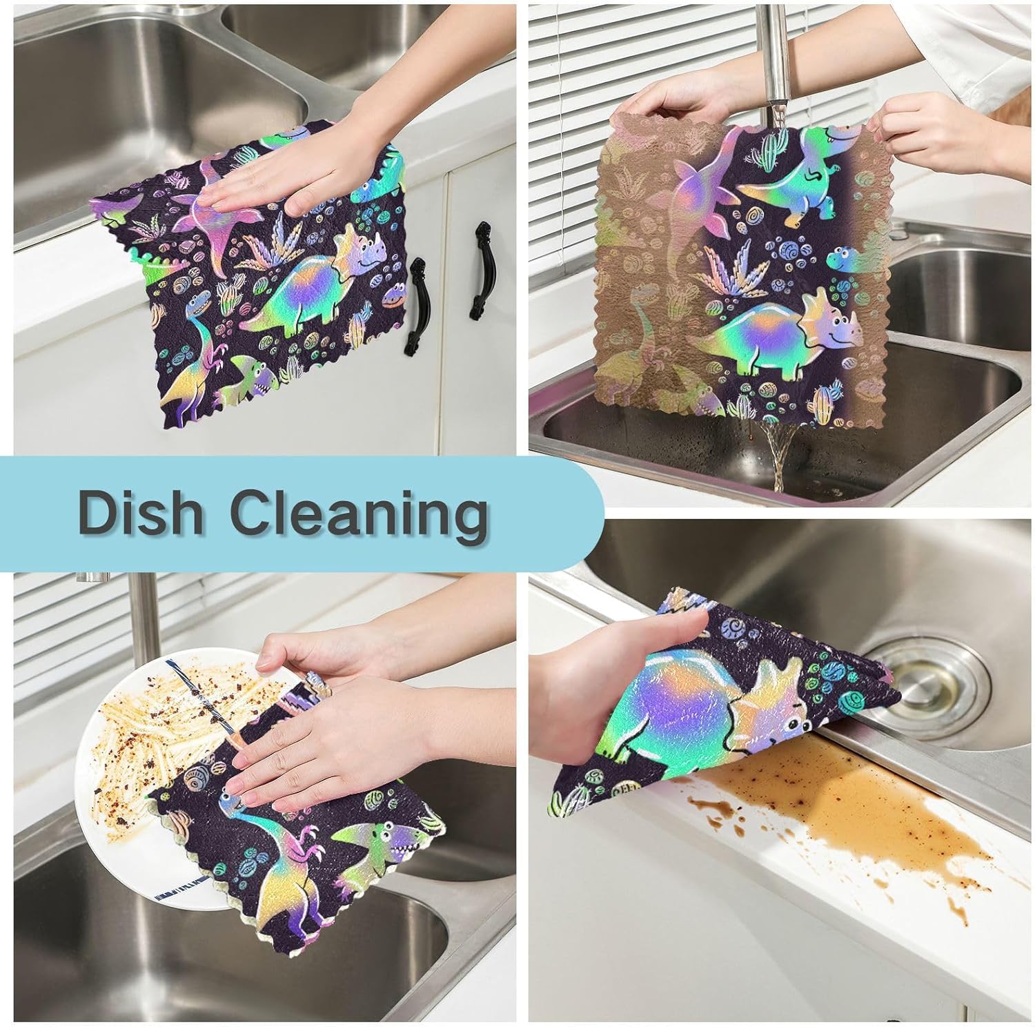 Neon Dinosaurs Kawaii Soft Print Microfiber Dish Towels Absorbent 6 Pack Kitchen Accessories for Cooking for Restaurant Sink