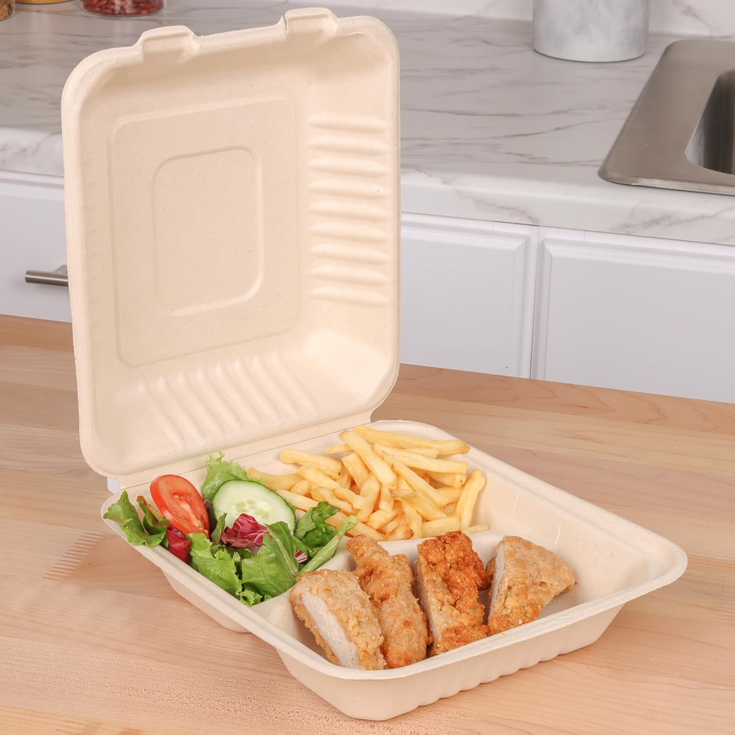 ECORIYO Contenedores de 3 compartimentos para llevar con tapas, paquete de 100 cajas para llevar, recipientes desechables para alimentos, platos de