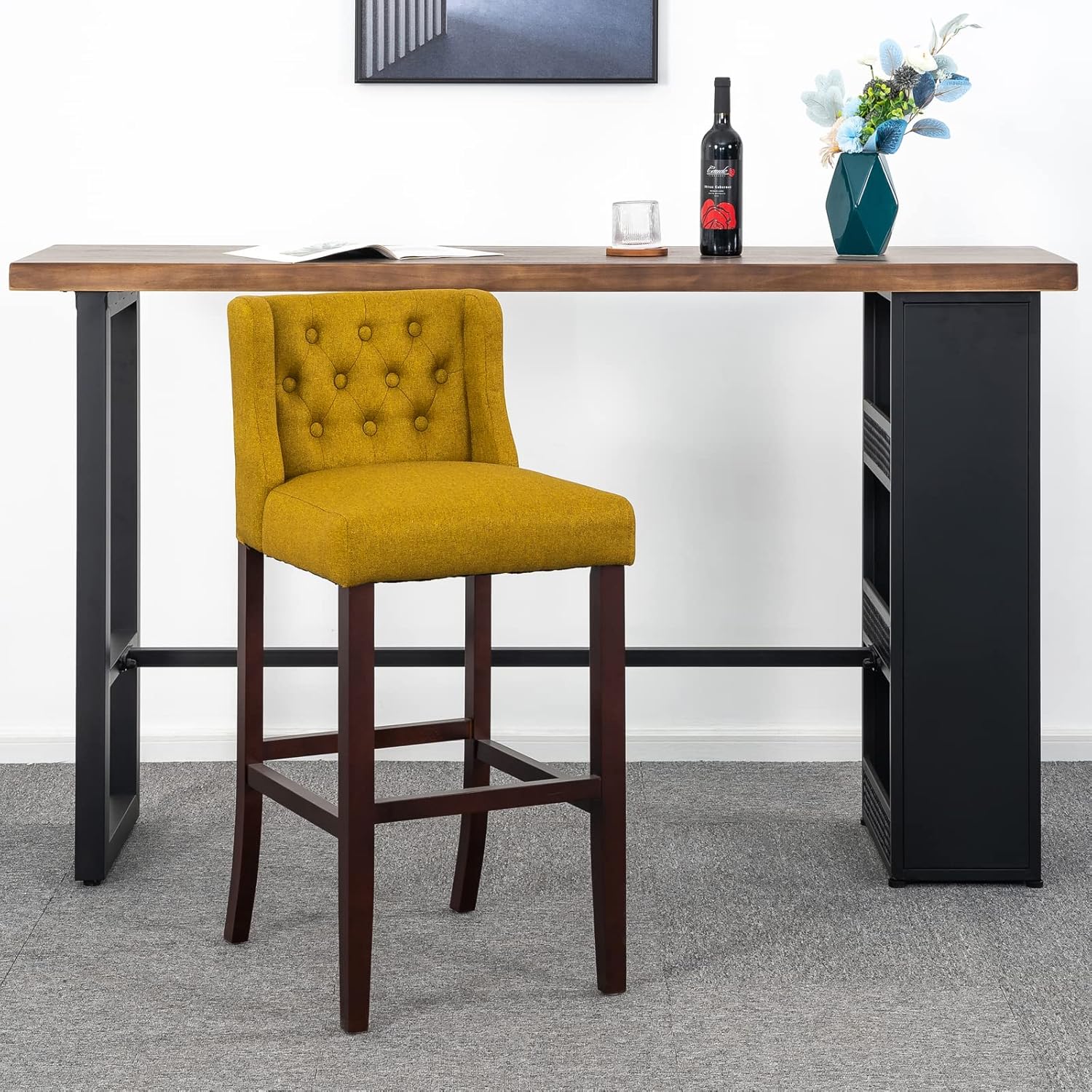 Brage Living Taburete de bar de 30 pulgadas, taburete de bar de tela de lino con botones y patas de madera maciza, silla de bar tapizada sin brazos