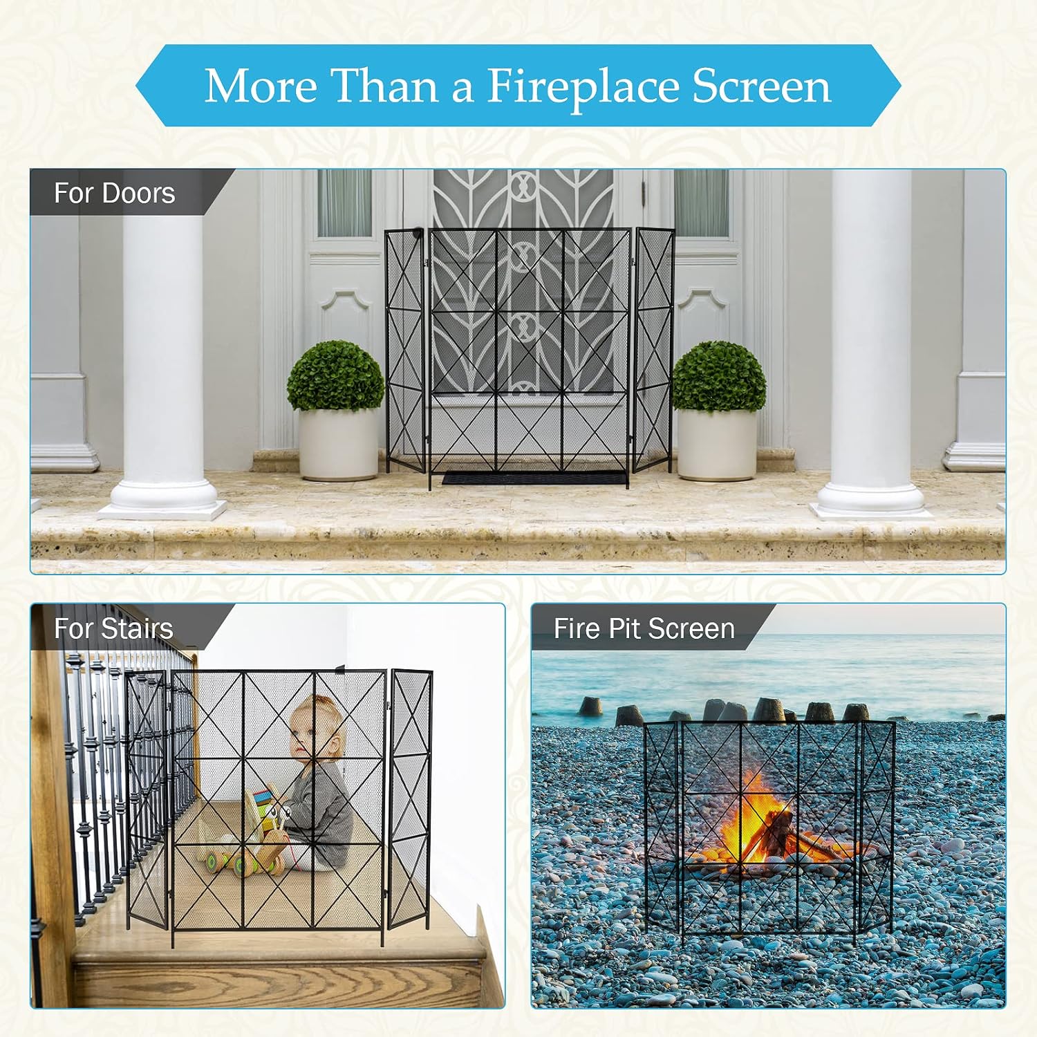 IRONWALLS Pantalla negra para chimenea, 41.7 pulgadas de largo x 31.5 pulgadas de alto, cubierta plana plegable de hierro con protección contra