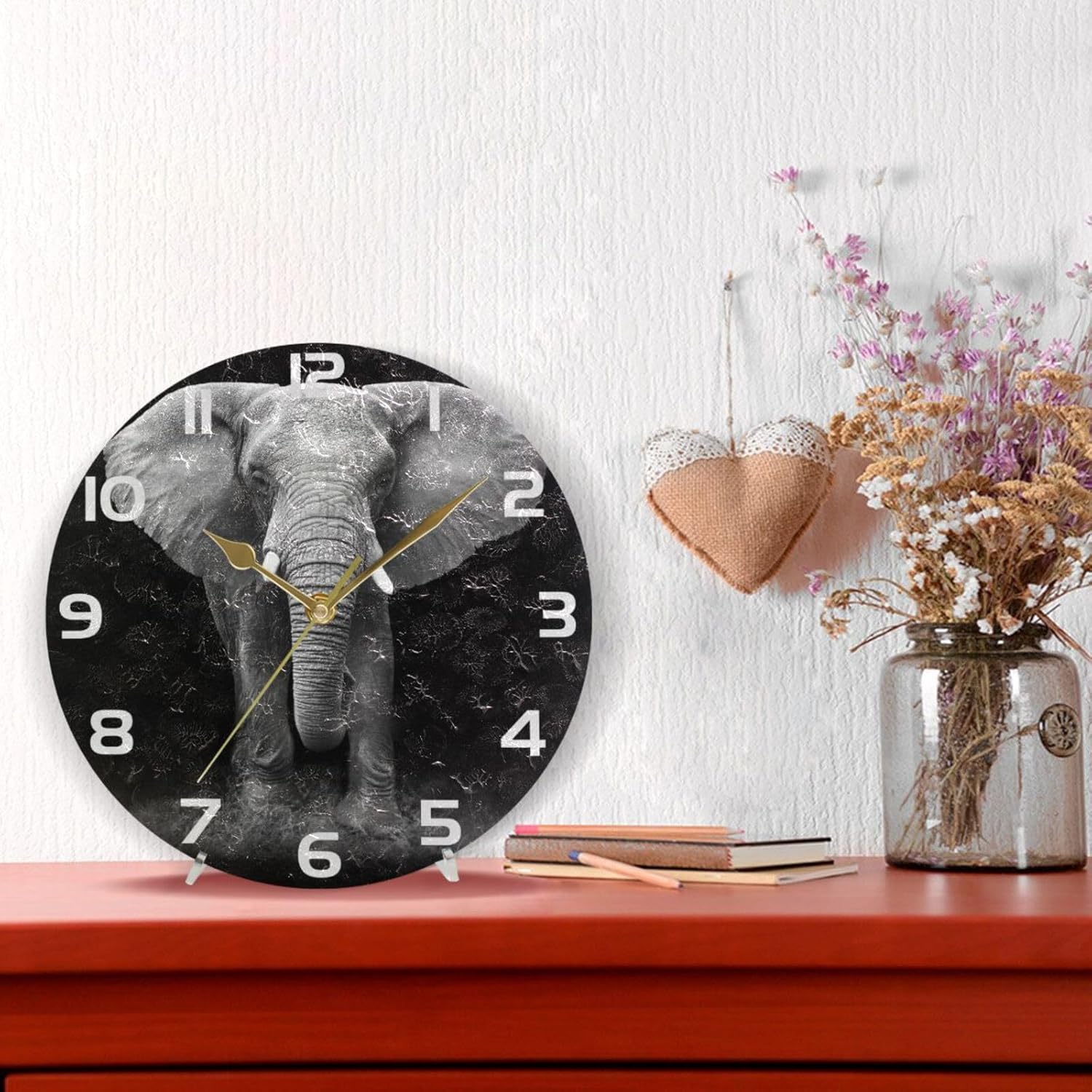 ALAZA Reloj de pared con retrato de elefante blanco, sin tictac, decorativo, para dormitorio, cocina, sala de estar, escuela, oficina, dorado