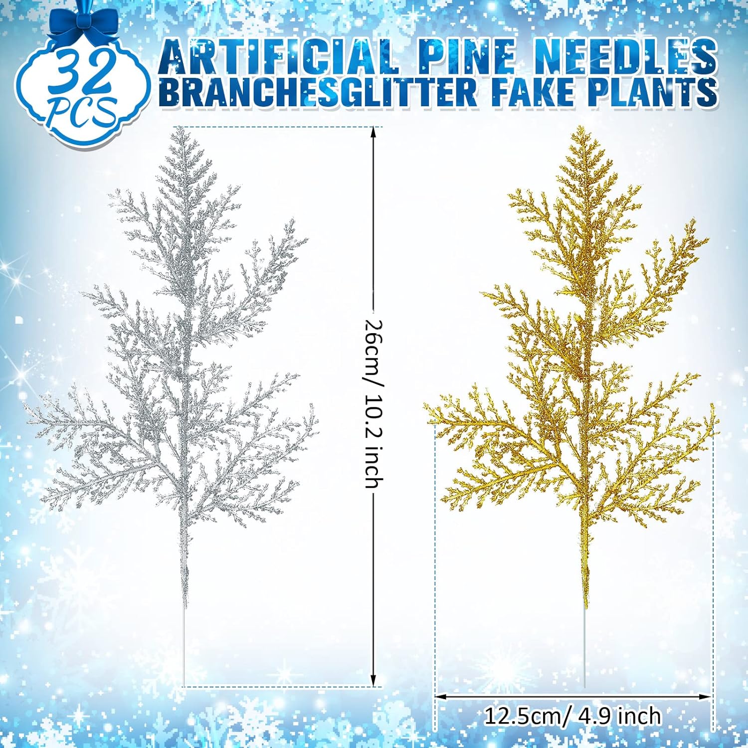 Waydress 32 agujas de pino artificiales de Navidad, ramas con purpurina, hojas, ramitas de pino pequeñas, flores de Navidad, para arreglos verdes,