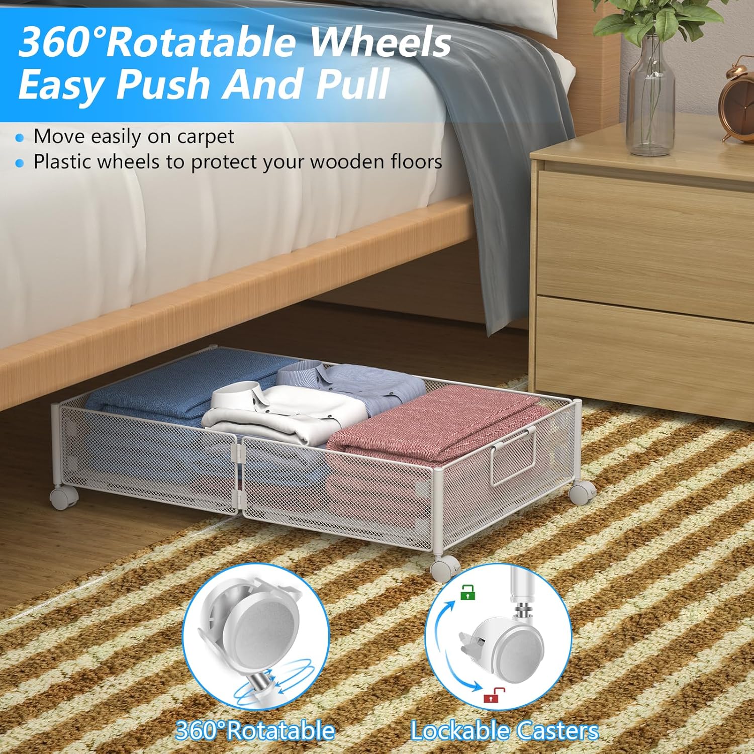 Contenedores de almacenamiento debajo de la cama, almacenamiento debajo de la cama con ruedas, organizador de zapatos debajo de la cama con asas,