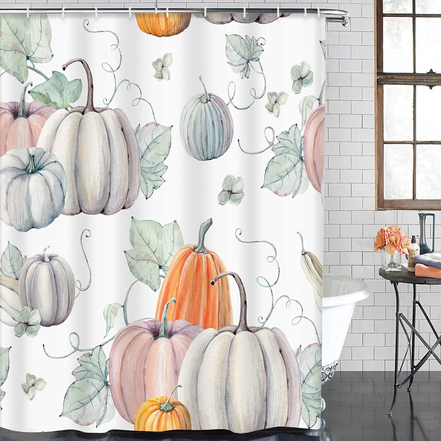 ArtSocket Juego de 4 cortinas de ducha con diseño de calabazas de acuarela con texto en inglés “It’s Thanksgiving Halloween” Receta de otoño con