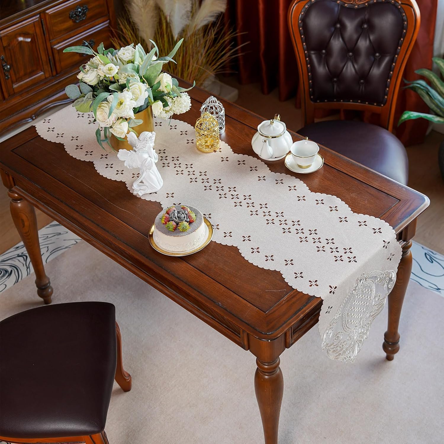 ARTABLE Camino de mesa de encaje con bordado de cuerda, bufanda de tocador retro con patrón clásico, flores, tela natural, mesa de café, vintage,