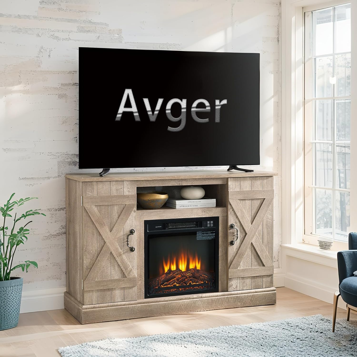 Chimenea eléctrica, soporte de TV de granja con chimenea, centro de entretenimiento de TV de 47 pulgadas con chimenea y puerta de granero para TV de