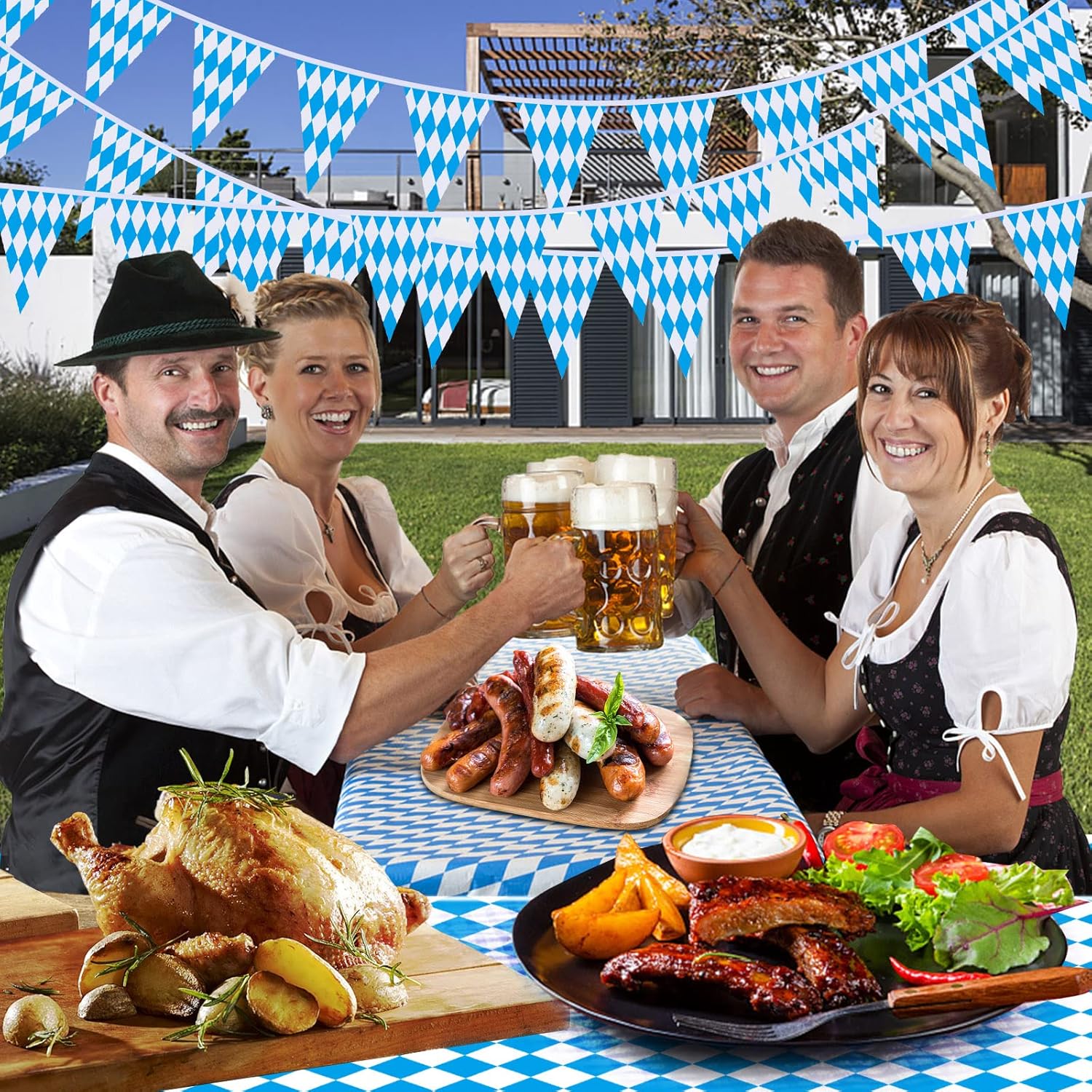 Ahfulife Pancarta de bandera de Oktoberfest de 39 pies para decoraciones de Oktoberfest, 1 paquete de banderines bávaros del Oktoberfest con 30
