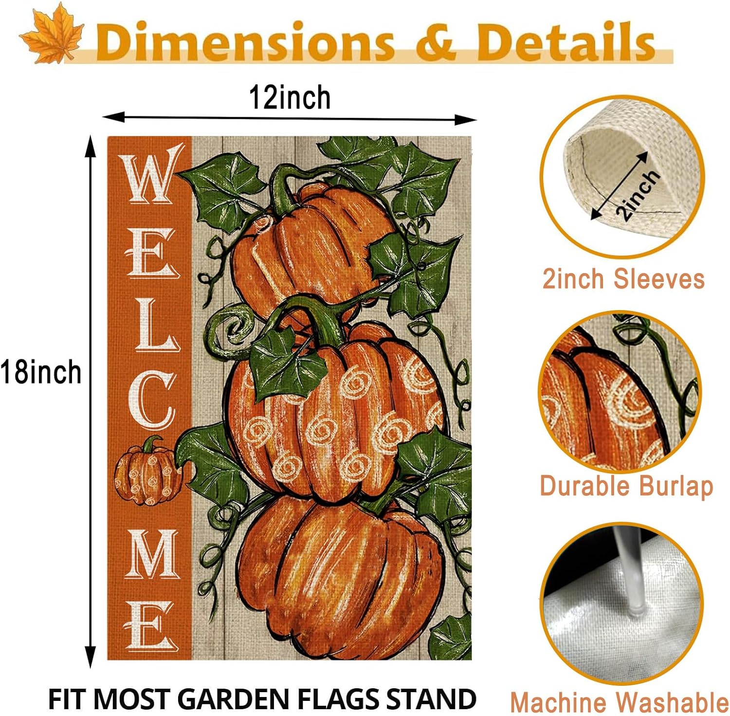 Bandera de bienvenida con diseño de calabazas de Acción de Gracias, de 12 x 18 pulgadas, pequeña bandera de otoño de doble cara para patio al aire