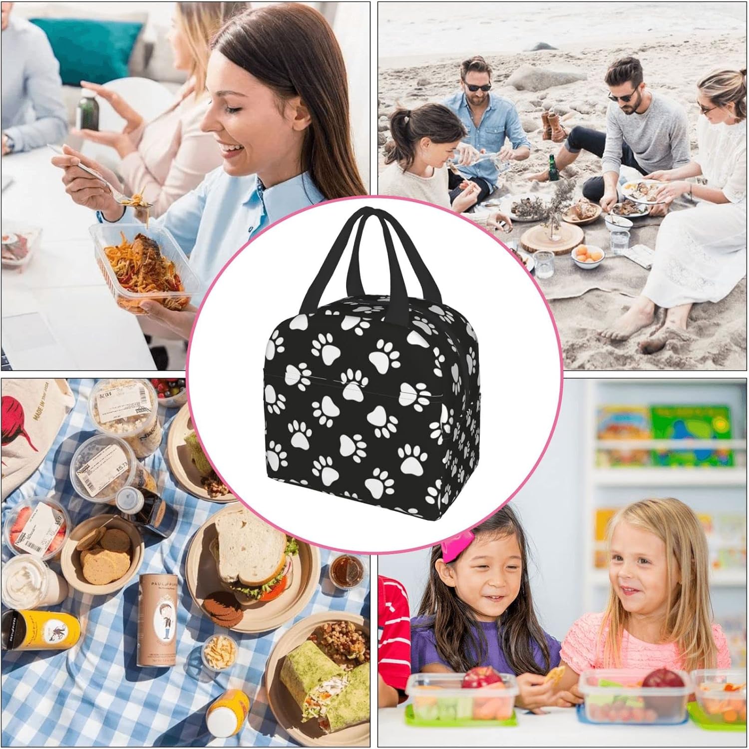 Bolsa de almuerzo con estampado de patas de perro, bolsa compacta con huellas de animales, reutilizable, contenedor para mujeres, hombres, escuela,