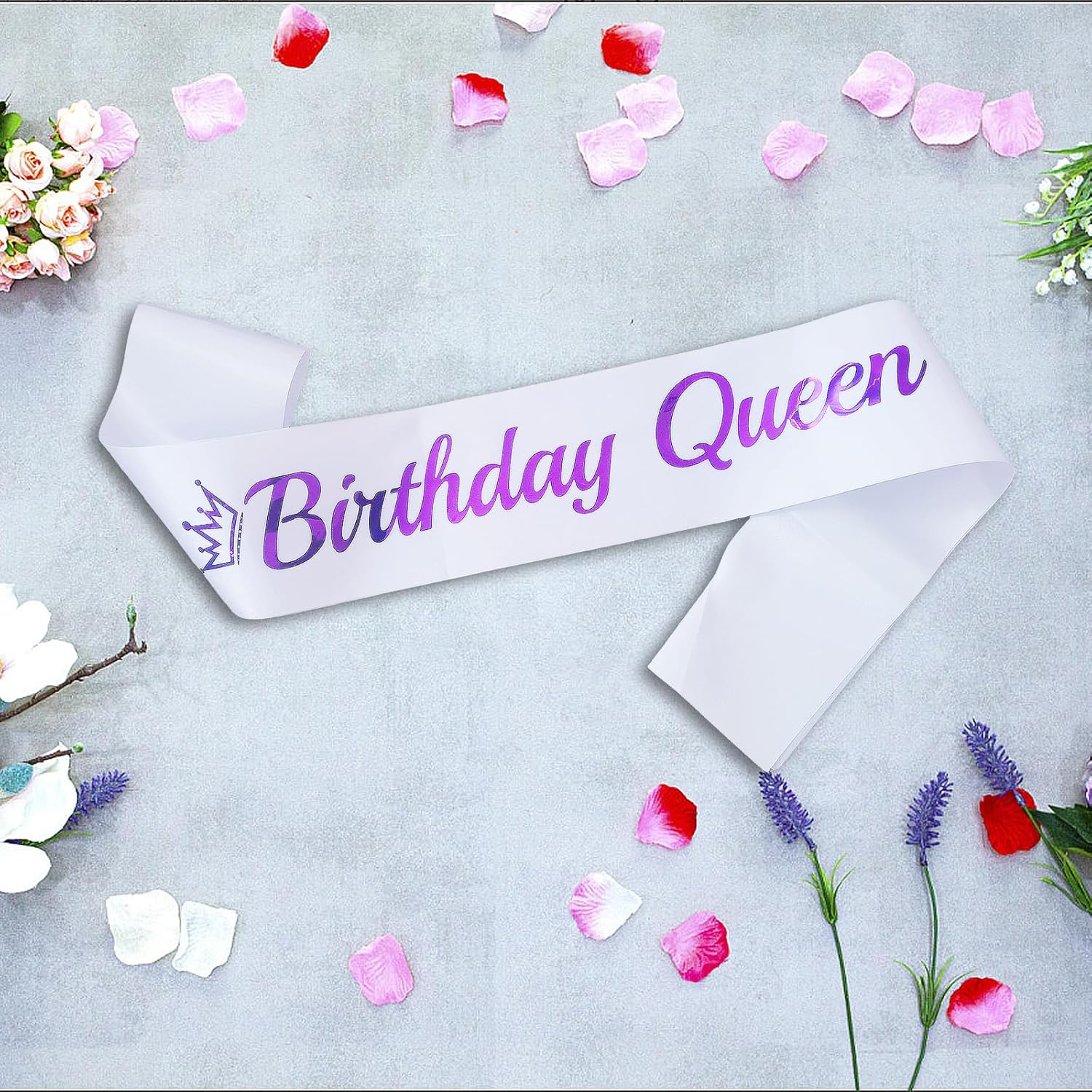 Banda de cumpleaños Queen blanca, banda de cumpleaños de papel de aluminio morado para mujer, divertidas decoraciones de fiesta de cumpleaños, ideas