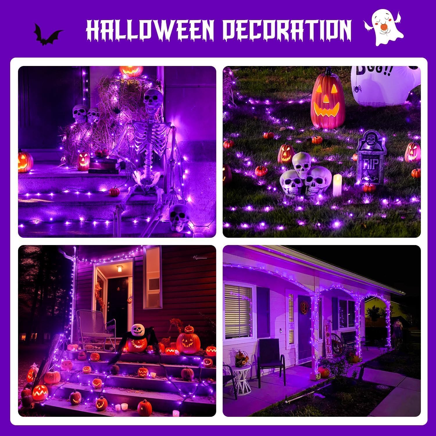 JMEXSUSS 600 luces LED solares moradas de Halloween, 206.7 pies, luces solares de Navidad impermeables para exteriores, 8 modos de luces moradas