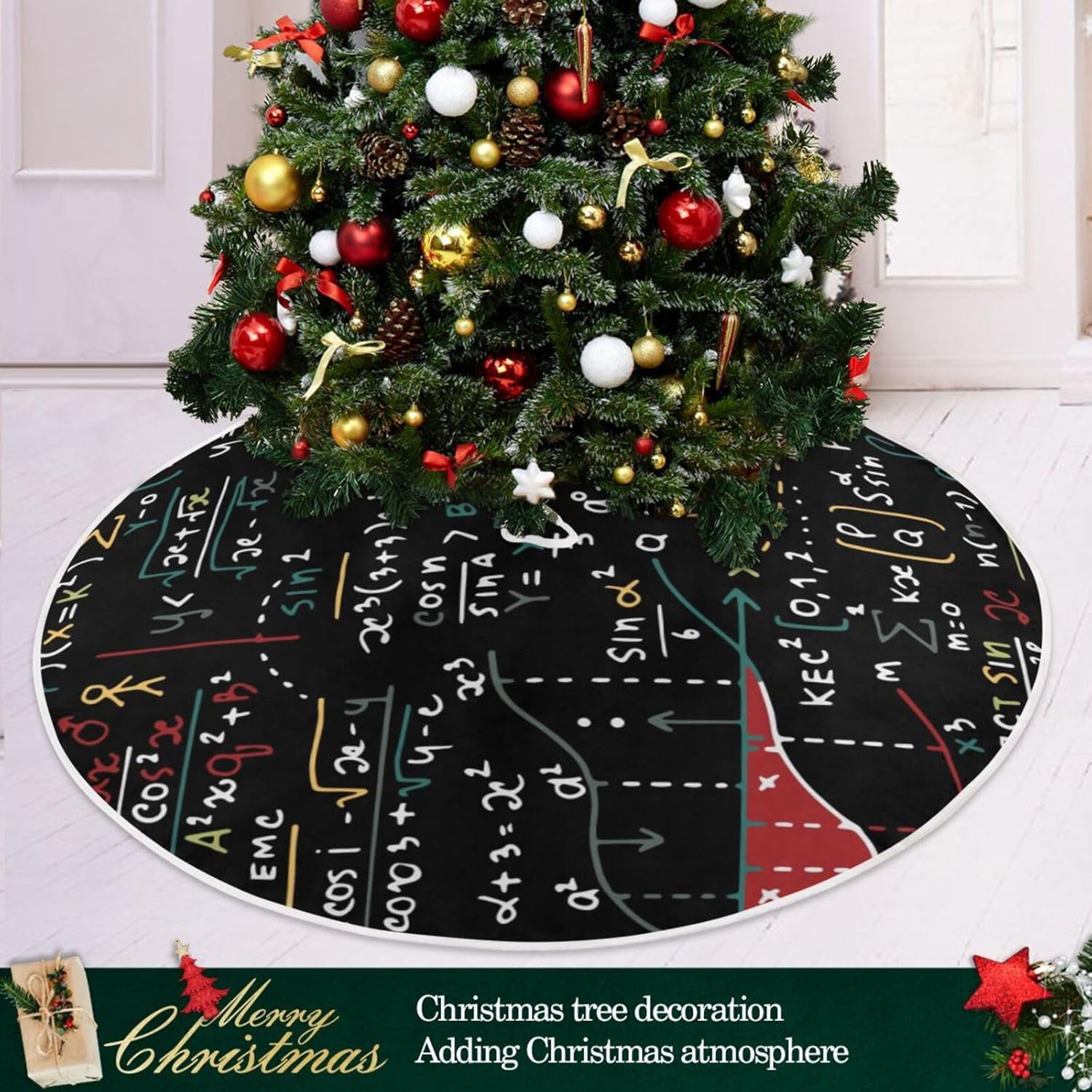 Falda de árbol de Navidad con patrón de educación matemática, falda de decoración de árbol de Navidad, falda de árbol de Navidad, lavable a máquina,