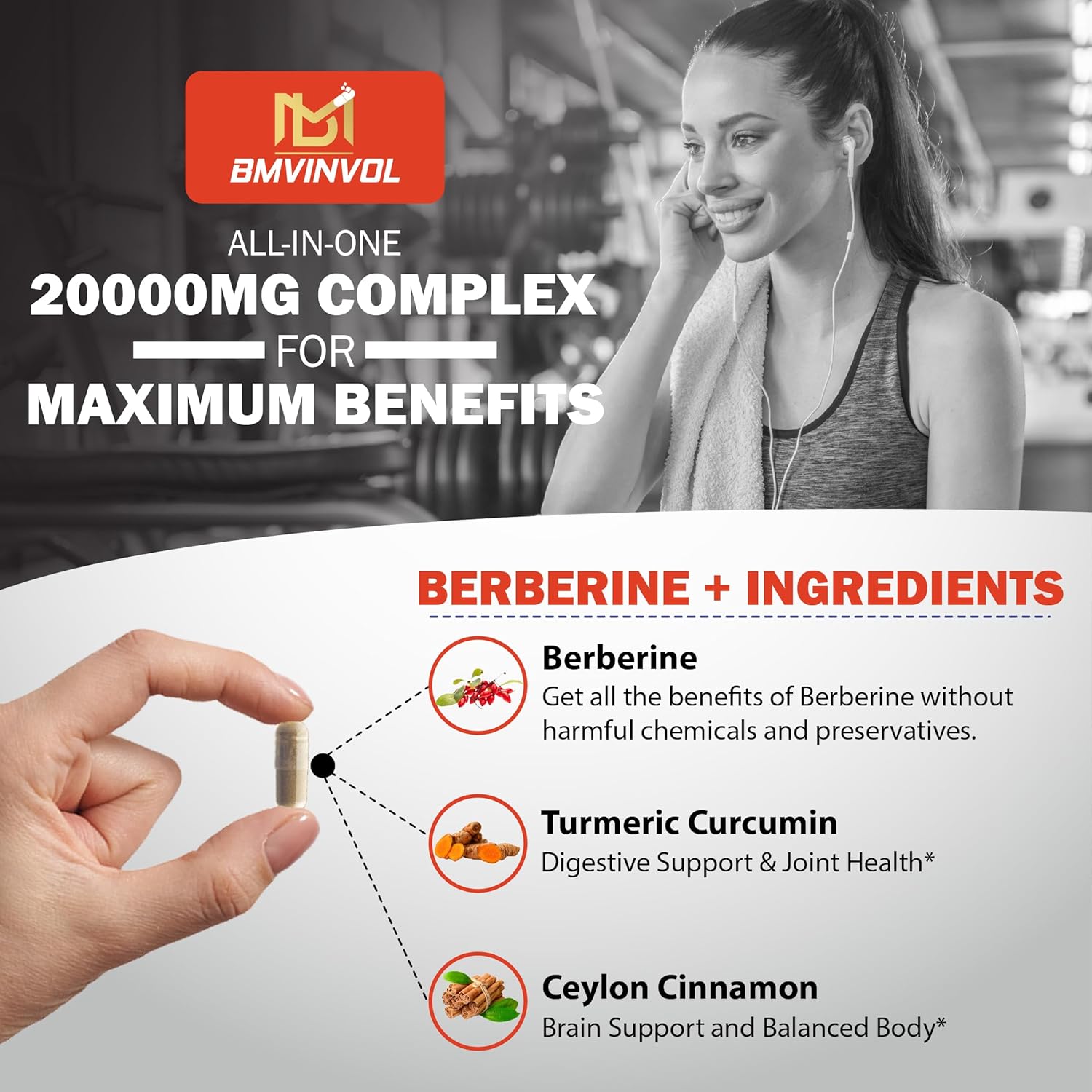 100 cápsulas  Suplemento de berberina de 20000 mg con canela de Ceilán, cúrcuma, melón amargo, cardo mariano y más  Cápsulas de berberina 34 en 1