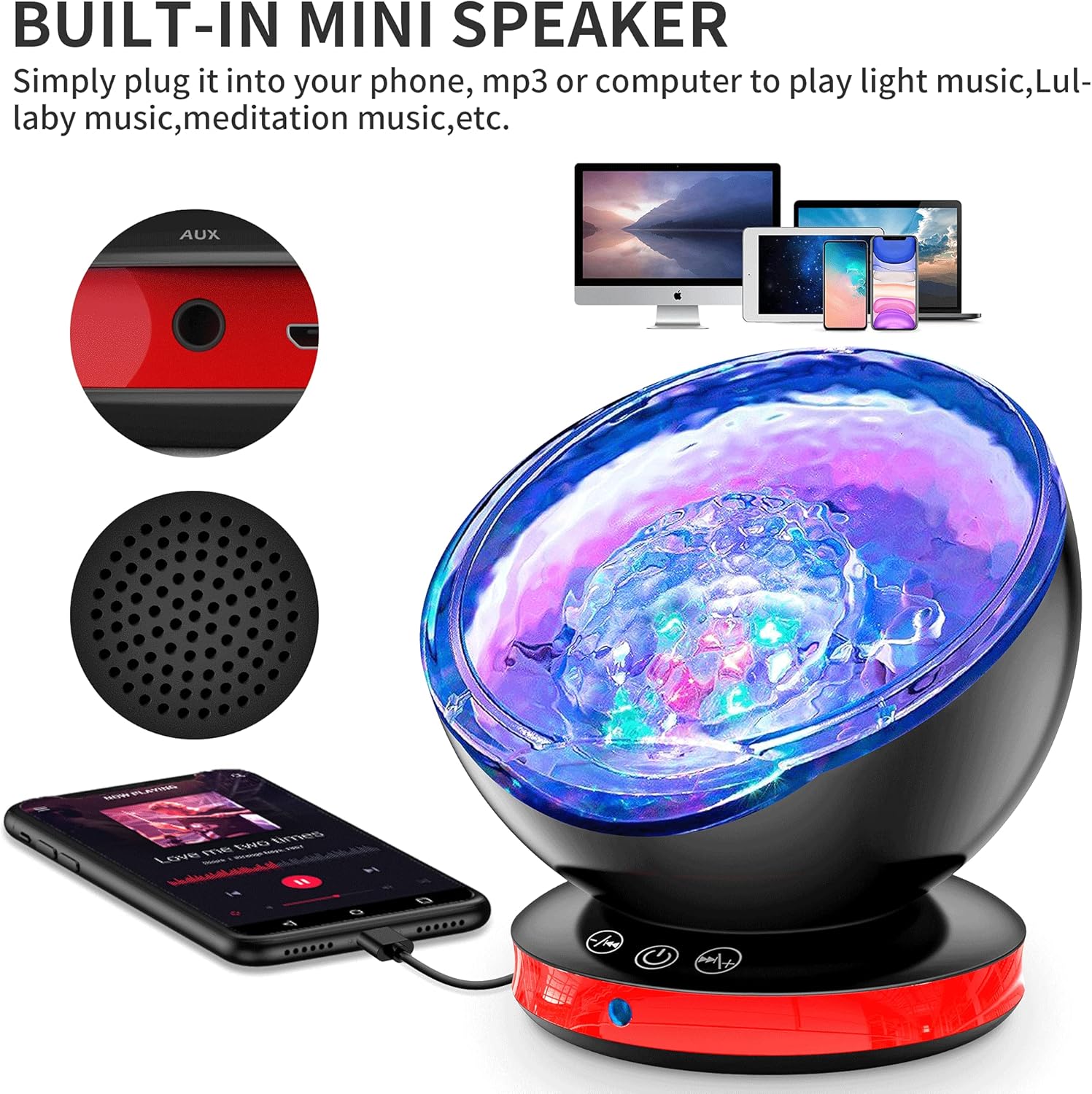 kiosbibi Proyector de ondas oceánicas, luz nocturna de ruido blanco para dormitorio de niños, control remoto y temporizador, altavoz Bluetooth,
