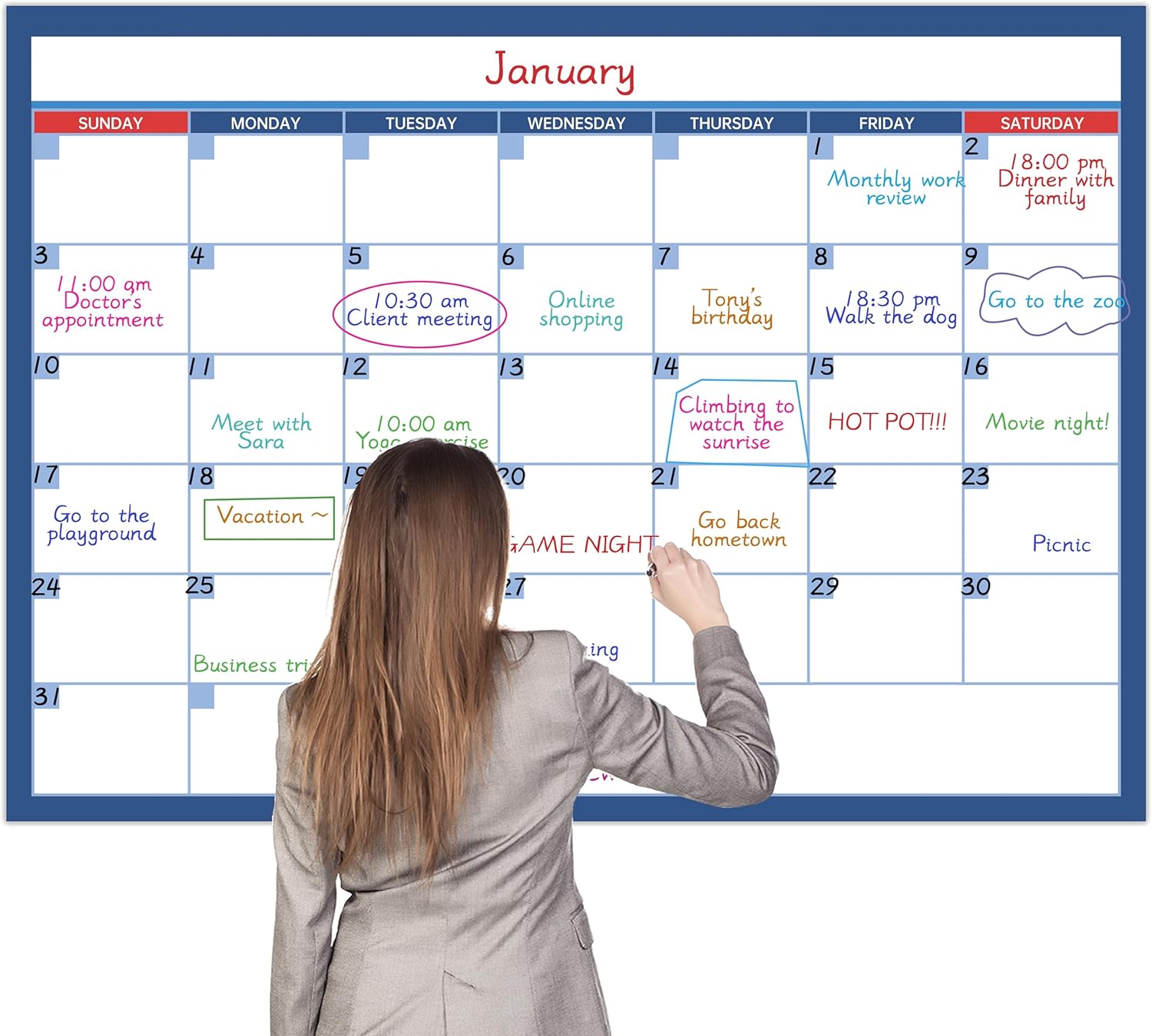 Calendario grande de borrado en seco para pared, calendario de pared de 1 mes sin fecha, 40 x 28 pulgadas, calendario laminado borrable y
