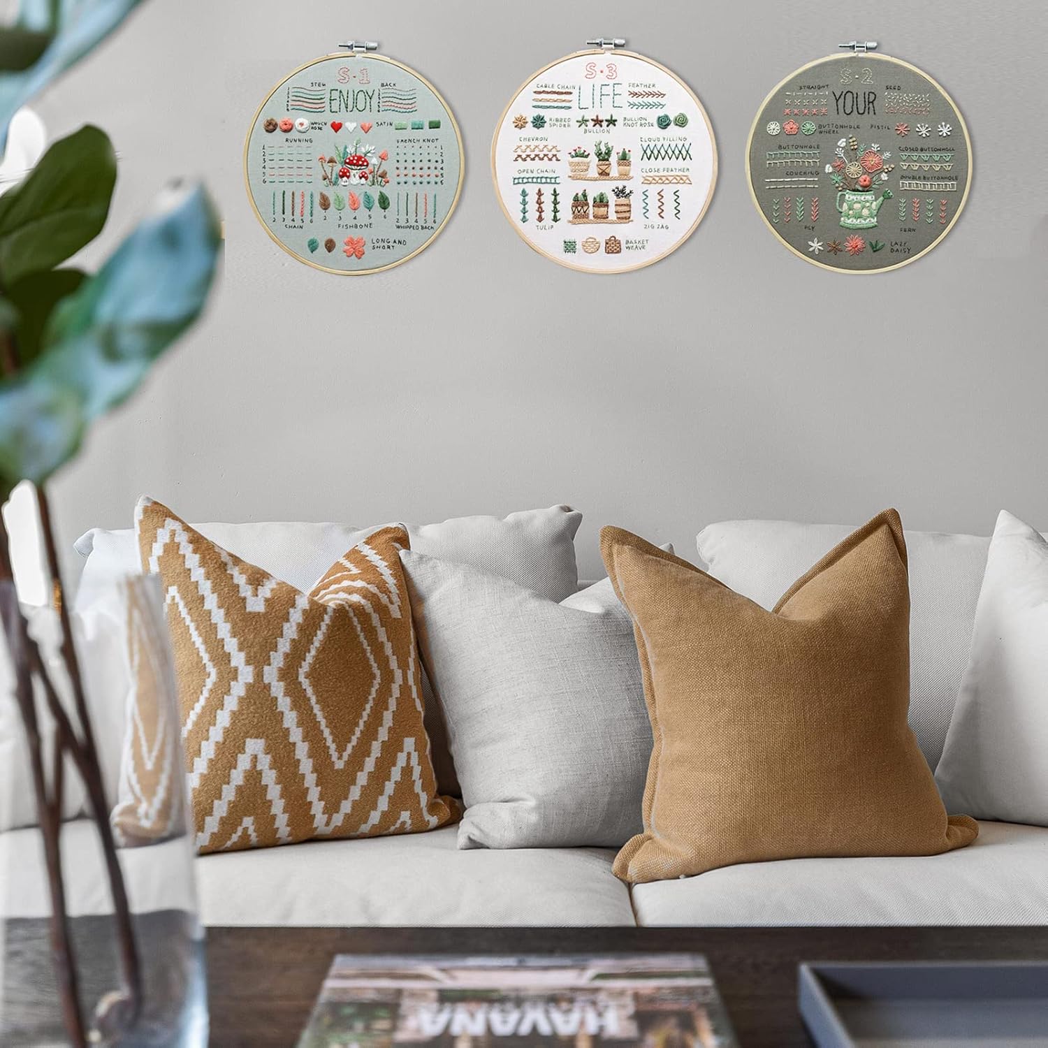 ETSPIL Kit de bordado de 3 juegos para principiantes, kits de plantas para adultos aprenden 33 puntadas diferentes, incluye patrón estampado,