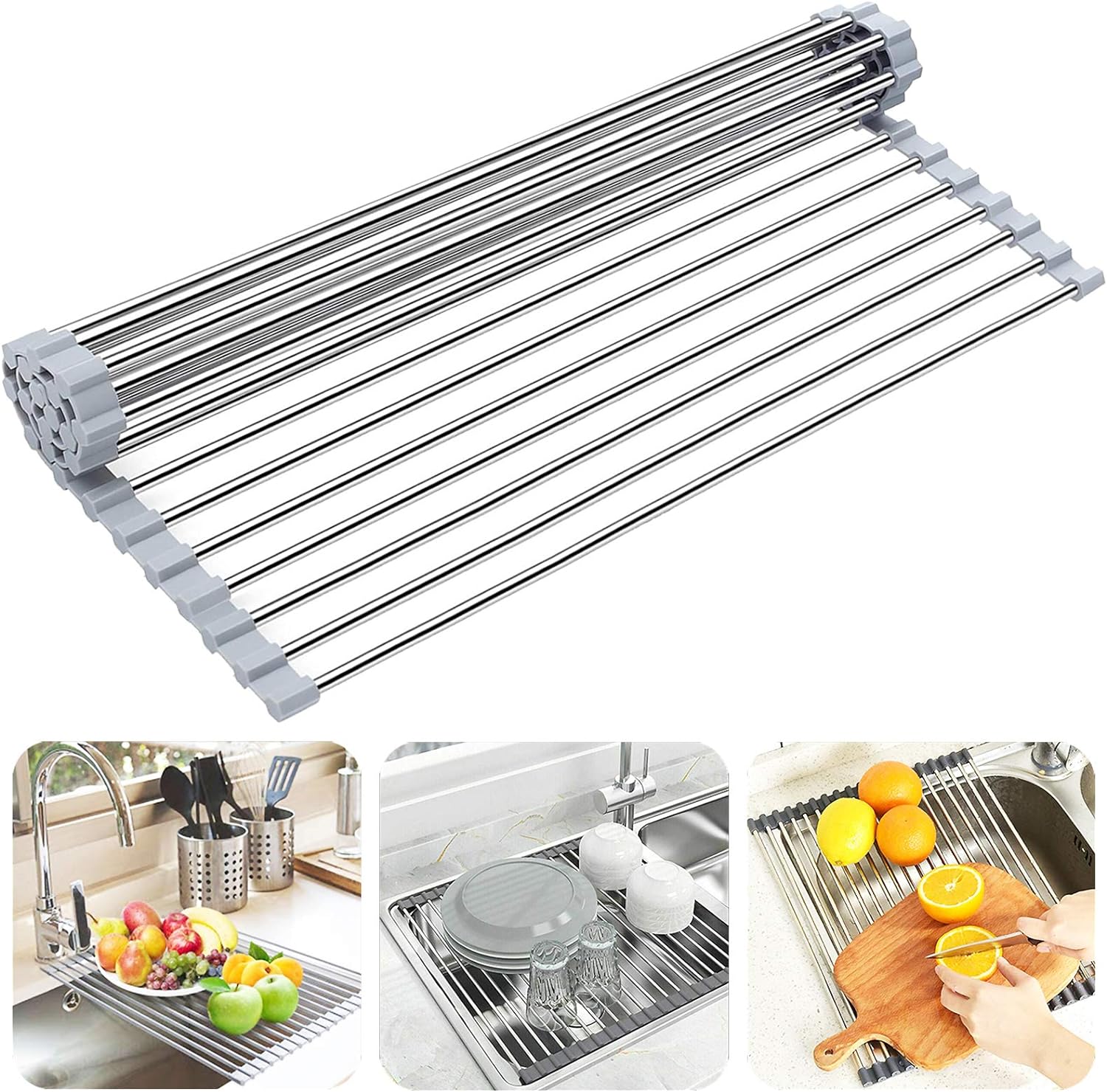 Searik Escurridor de platos enrollable para fregadero sobre el fregadero, escurridor de platos multiusos de acero inoxidable, resistente al calor,