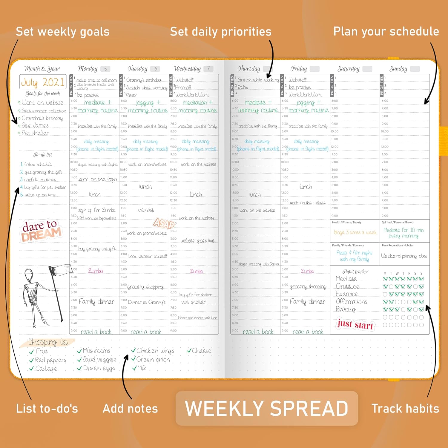 GoGirl Agenda semanal  Planificador de trabajo y vida por hora con ranuras de tiempo  Organizador vertical para productividad diaria, A5 (amarillo