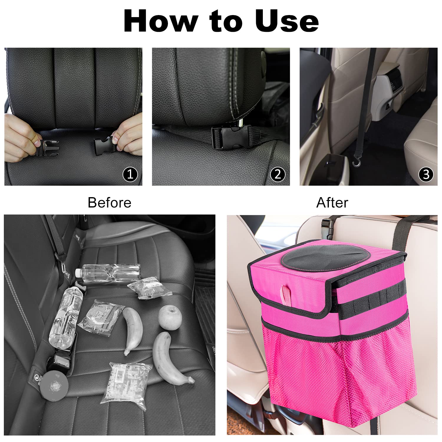 Basurero plegable para automóvil, a prueba de fugas, 2.3 galones, color rosa