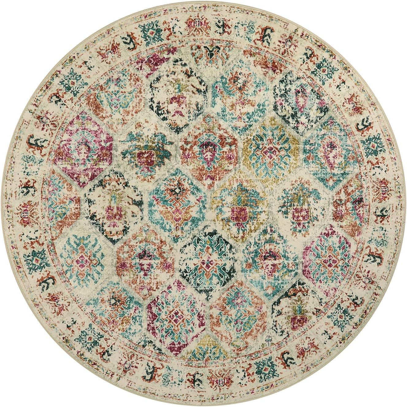 Lahome Alfombra redonda de 5 x 5 pies, lavable, para dormitorio, antideslizante, sala de estar, alfombra de área con estampado geométrico tribal de