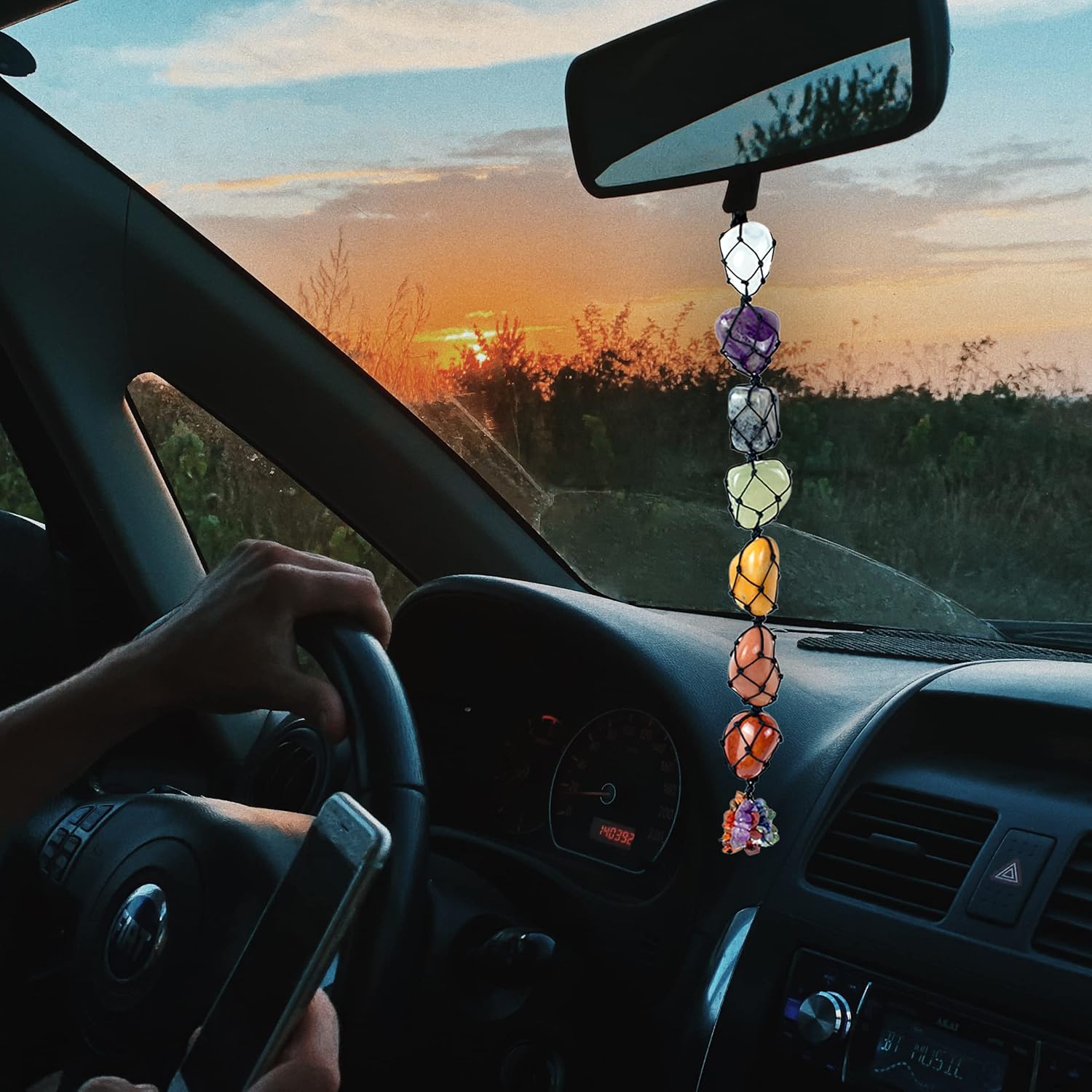 Adorno colgante de auto de 7 chakras, accesorios colgantes de cristal áspero para reiki, curación, equilibrio, borla para colgar en la pared,
