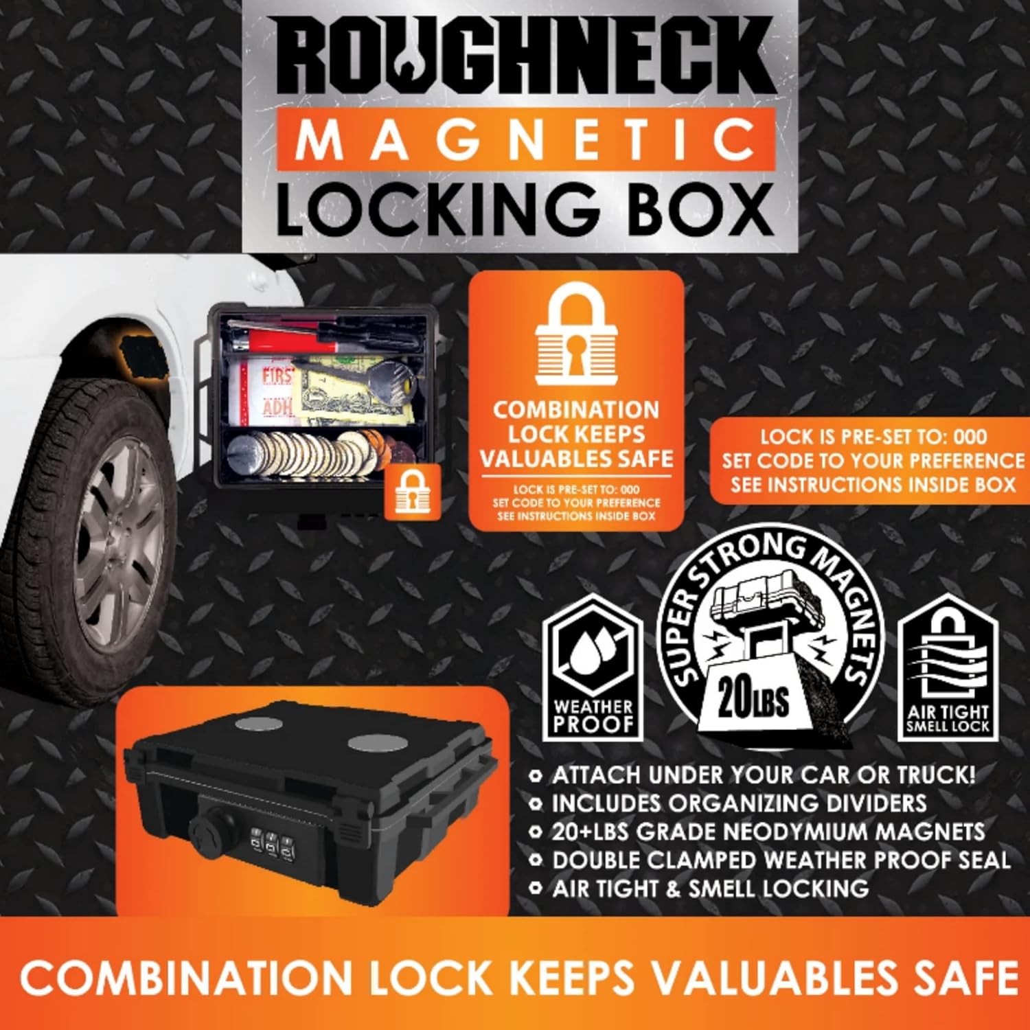 Caja de almacenamiento con cierre magnético impermeable con divisores internos, caja de montaje magnético Hide-A-Key, color negro, mediana