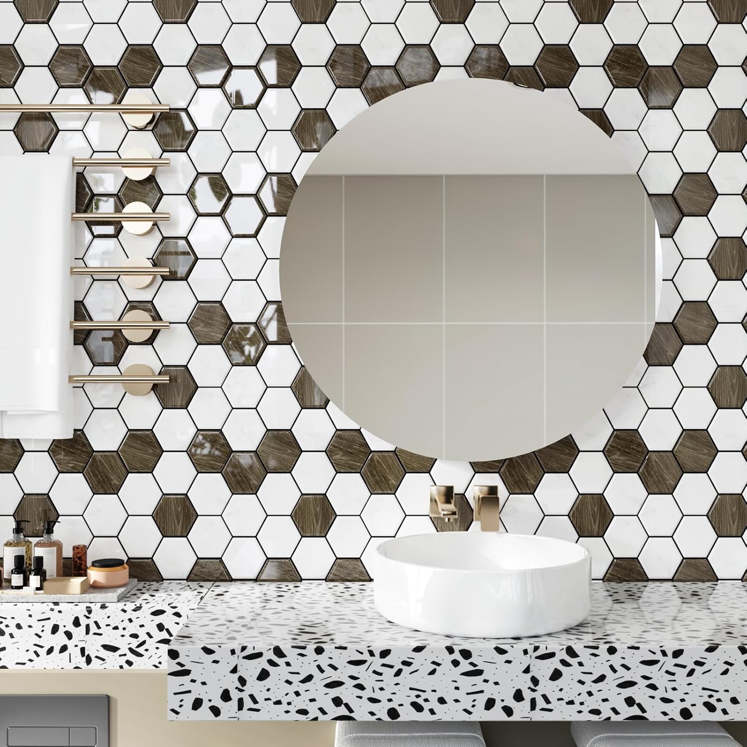 CRE8TIVE 4 hojas de azulejos hexagonales para despegar y pegar contra salpicaduras de 12 x 12 pulgadas para pegar en el muro para cocina,
