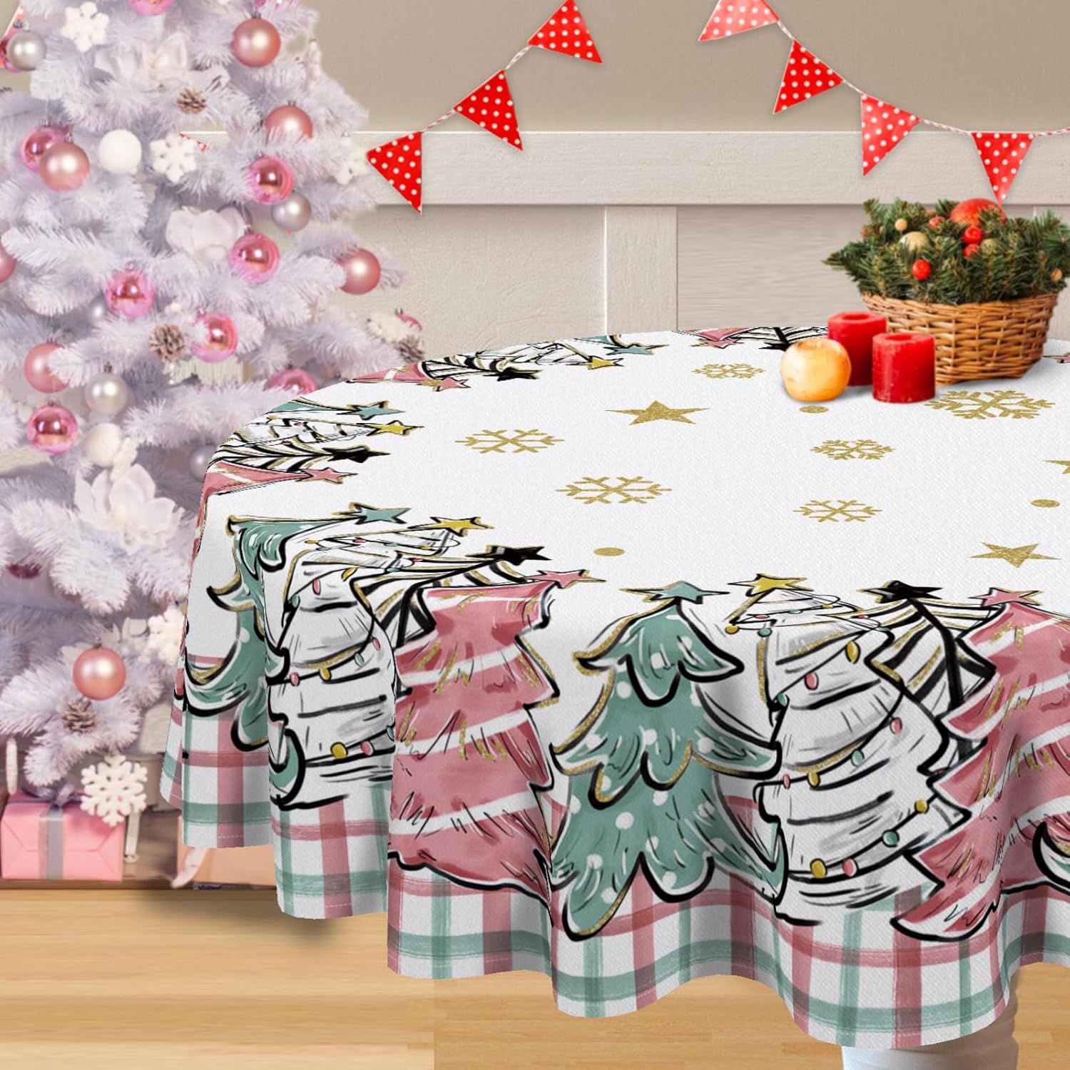 Mantel redondo de árboles de Navidad de 60 x 60 pulgadas, diseño de copos de nieve de Navidad rosados, a cuadros, mantel decorativo para mesa de