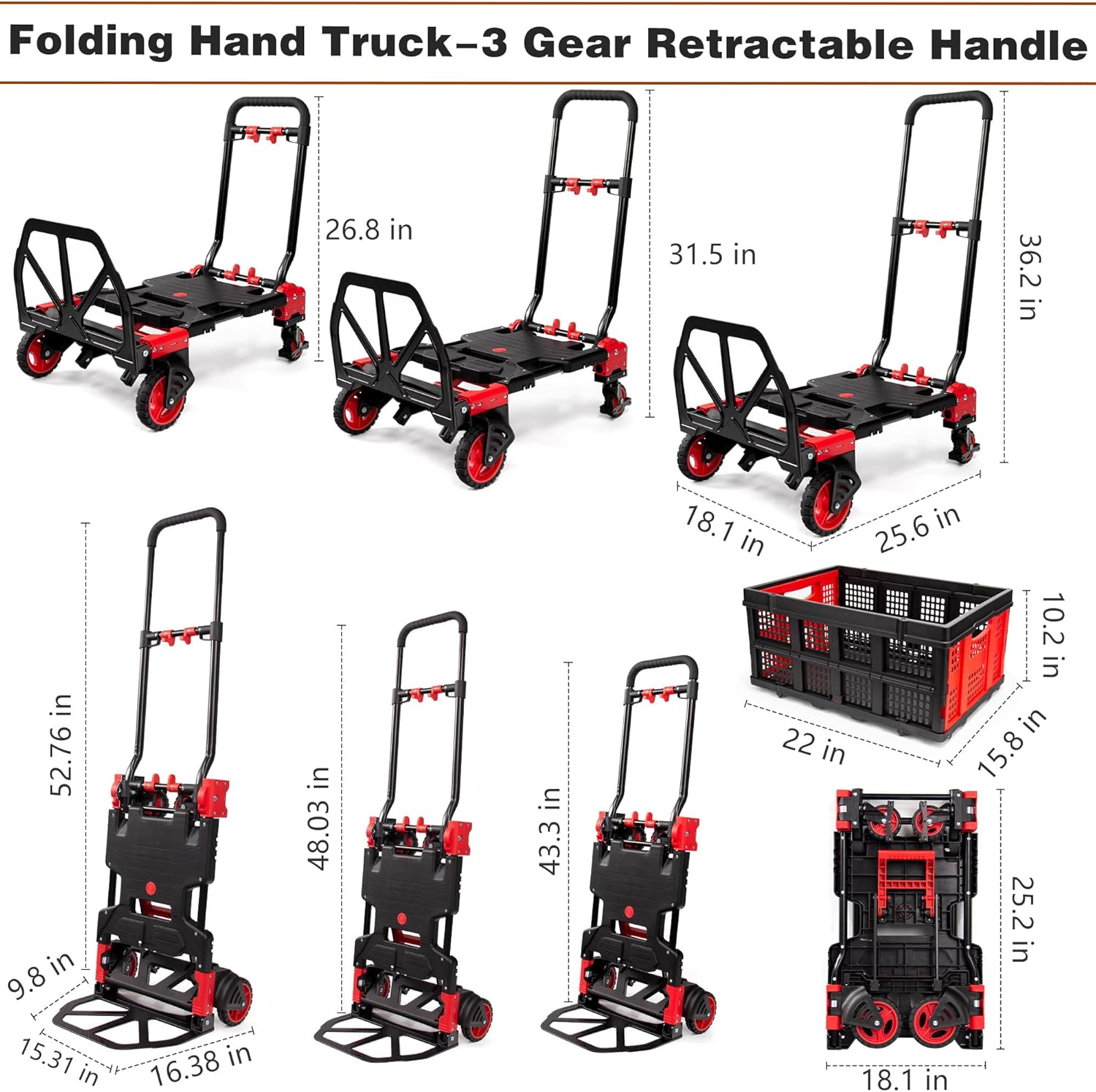 Carro de mano plegable 2 en 1 con cesta, carrito de mano plegable de capacidad de 330 libras, carrito de mano plegable con mango retráctil, carrito