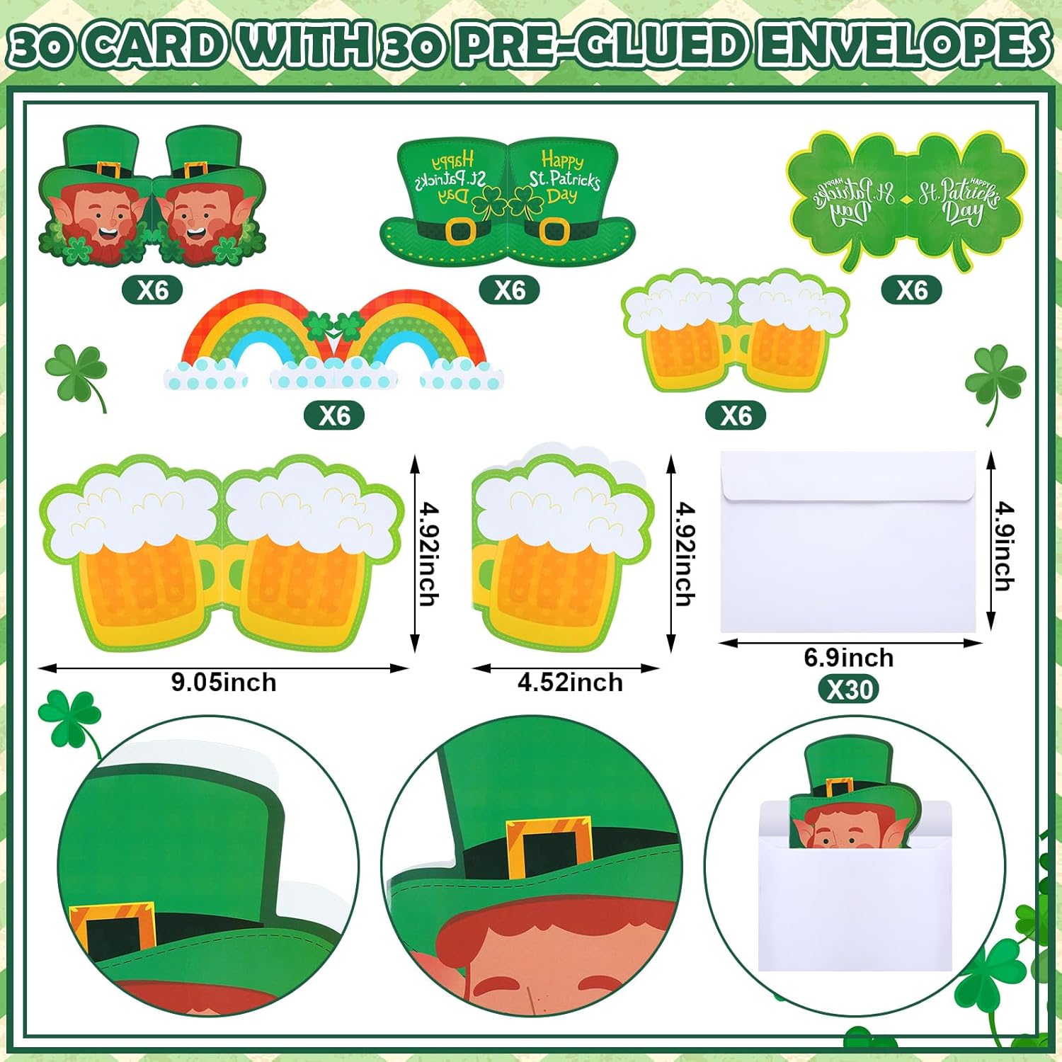 30 juegos de tarjetas del día de San Patricio con sobres, tarjetas de felicitación irlandesas de trébol, en blanco, forma irregular, duende verde,