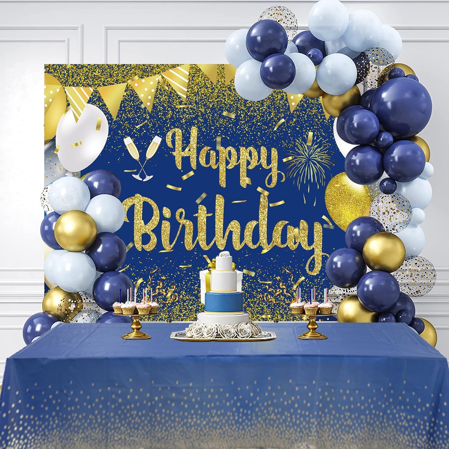 Juego de mantel de fondo de feliz cumpleaños azul dorado con texto en inglés Happy Birthday para decoración de regalo, 7 x 5 pies y mantel de fiesta