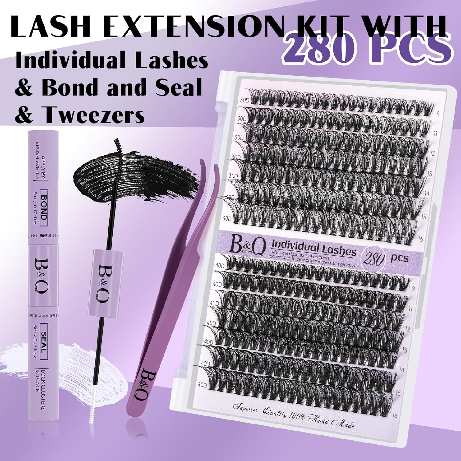 Kit de extensión de pestañas para bricolaje, 280 unidades, individuales, racimo B&Q D, kit de extensión de pestañas con enlace de pestañas, sello y