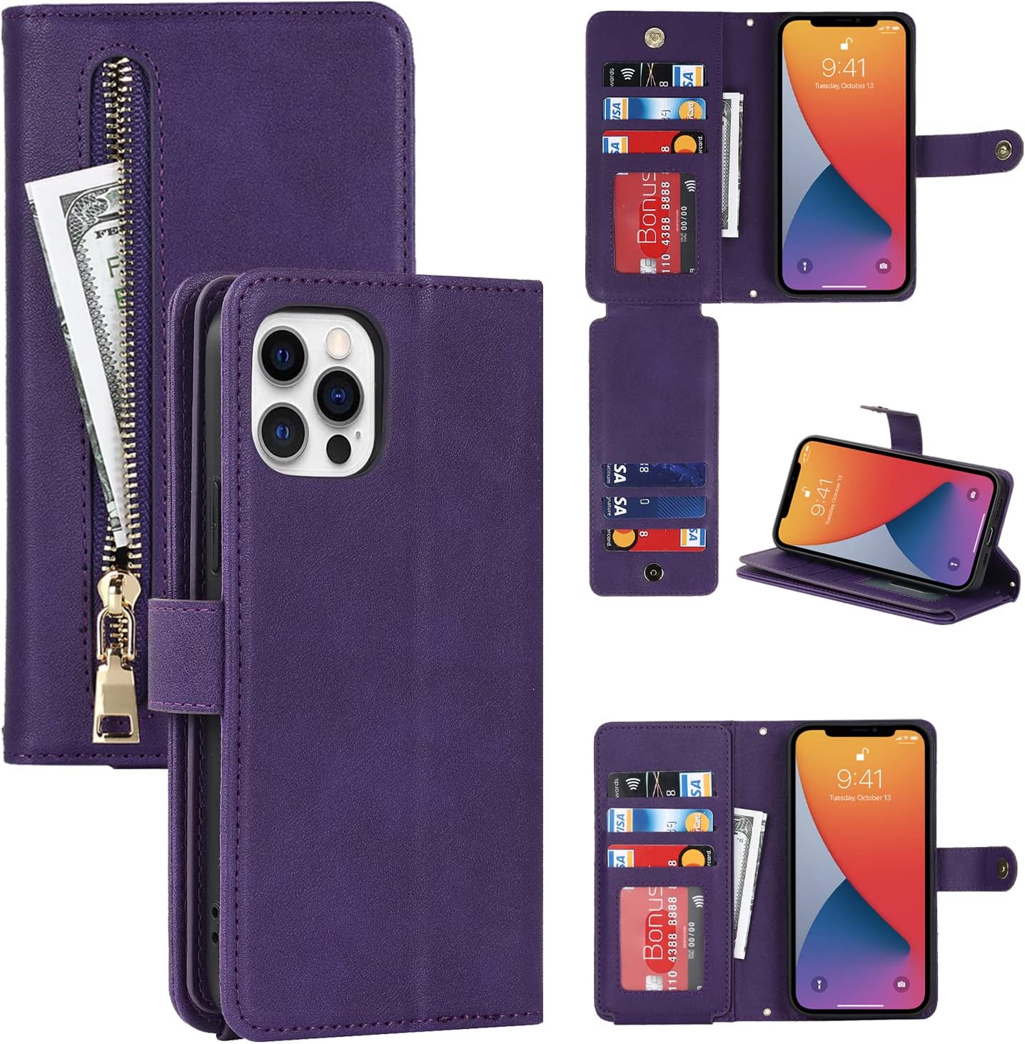 Havaya Funda tipo cartera para iPhone 1212 Pro con 9 ranuras para tarjetas, funda de piel con cremallera, funda de crédito con tapa para iPhone
