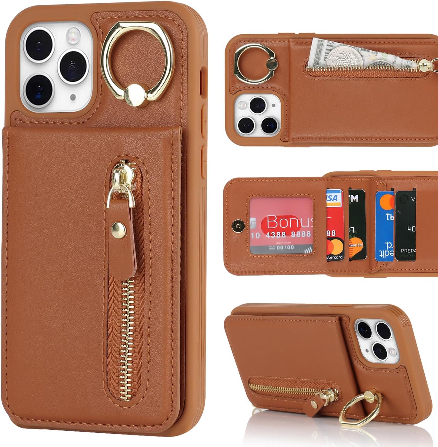 Funda para iPhone 11 Pro con tarjetero para iPhone 11 Pro, cartera con tarjeta de crédito con anillo, cierre de cremallera, a prueba de golpes,